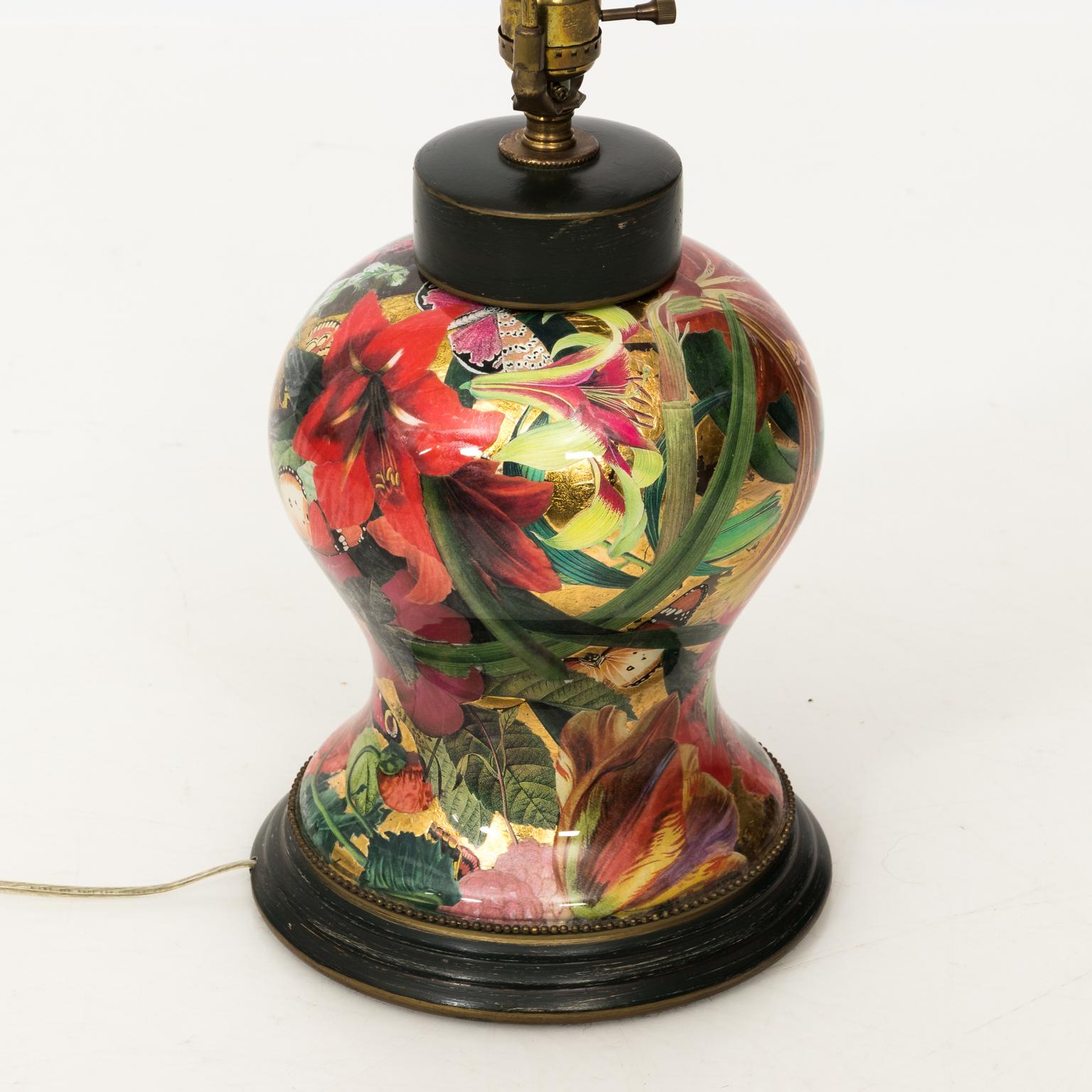Custom designed floral decoupage lamp from Boston Design Center. Reds, pinks, green. Excellent condition. Shade not included.
 