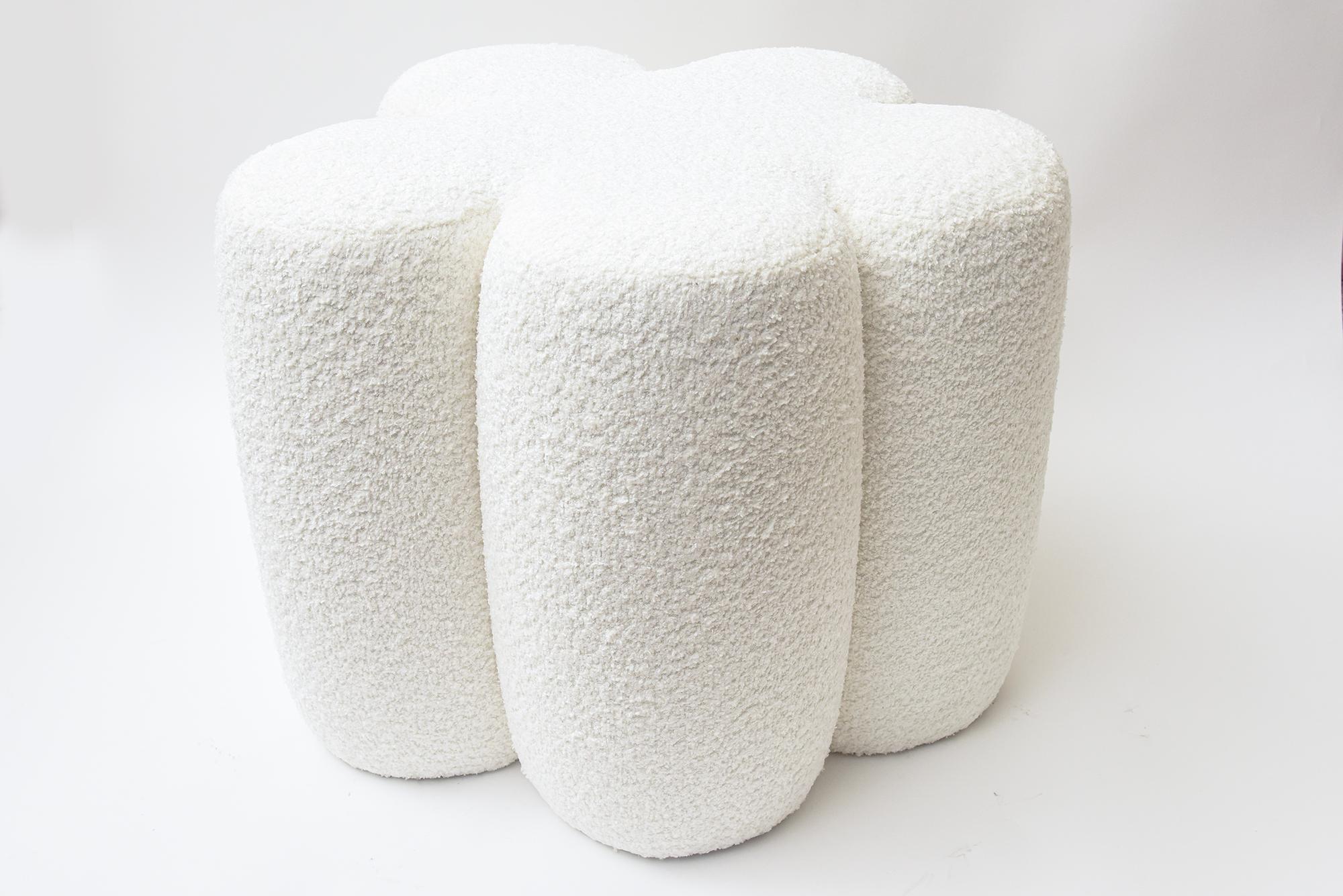  Custom Design Limited Edition White Boucle and Wood Flower Benches Or Ottomans In New Condition In North Miami, FL
