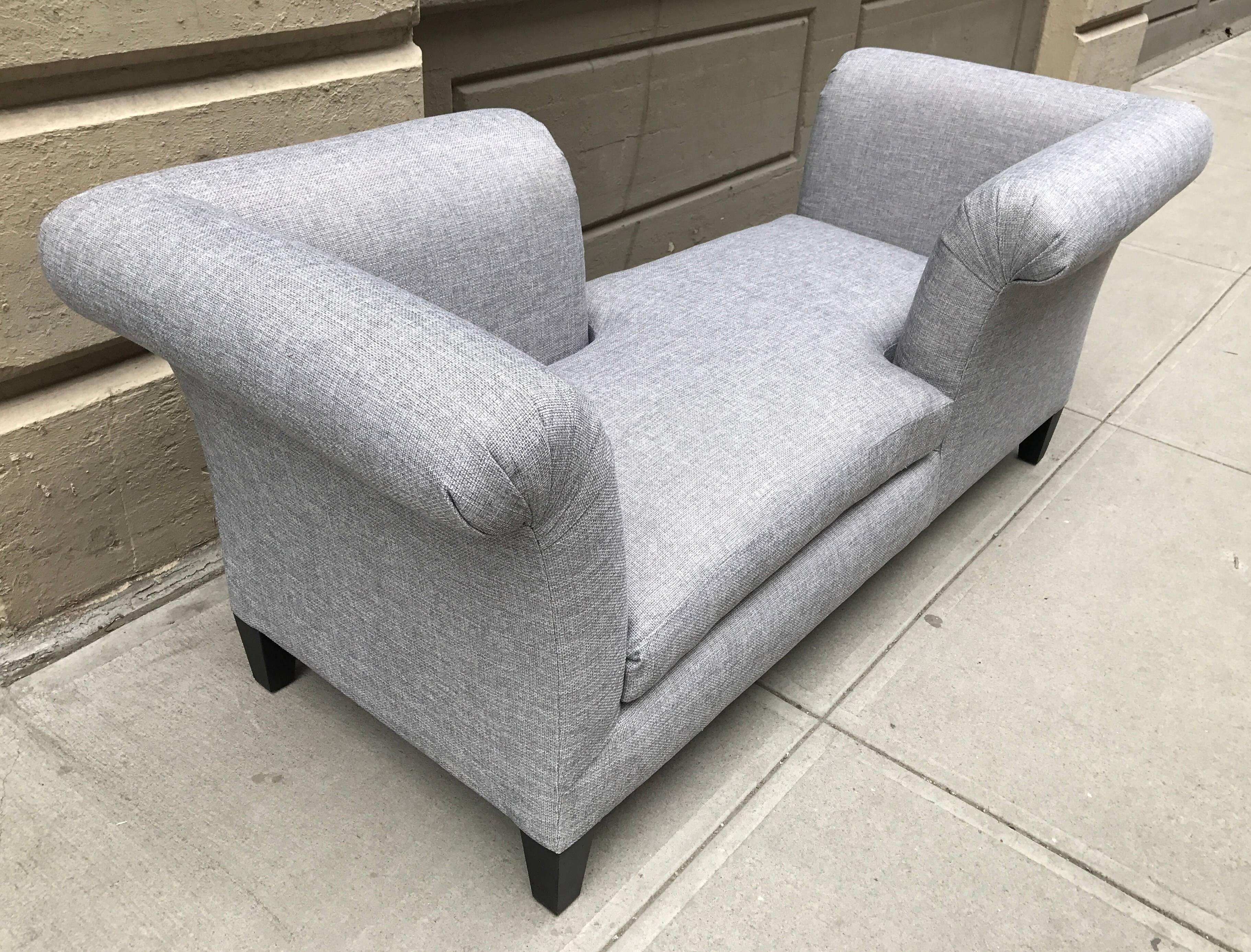 Flavor Custom Design Tete-a-Tete. Upholstered gray linen-blend material. Has a down seat and black lacquered legs.
COM available at 15 yards.
This one listed is available immediately.