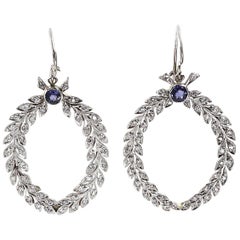 Custom Designed 18 Karat White Gold Diamond Earrings with Round Sapphire Stones