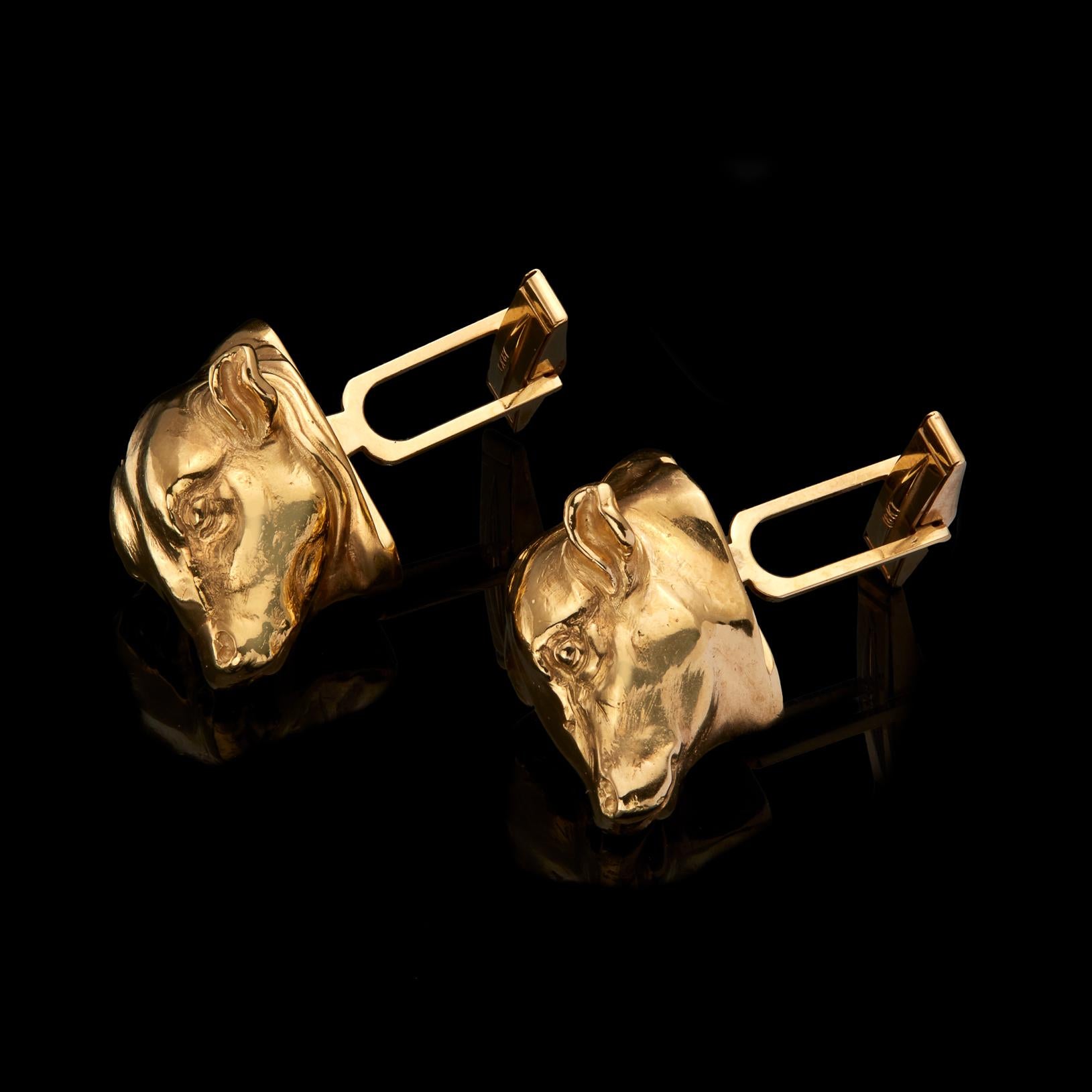 Custom designed and handmade, these 18k gold 'bull' cufflinks are perfect for the stock market enthusiast. The gold cast cattle heads are detailed and impressive. Weighing 45 grams, these cufflinks are sure to be a hit with the investor in your life!