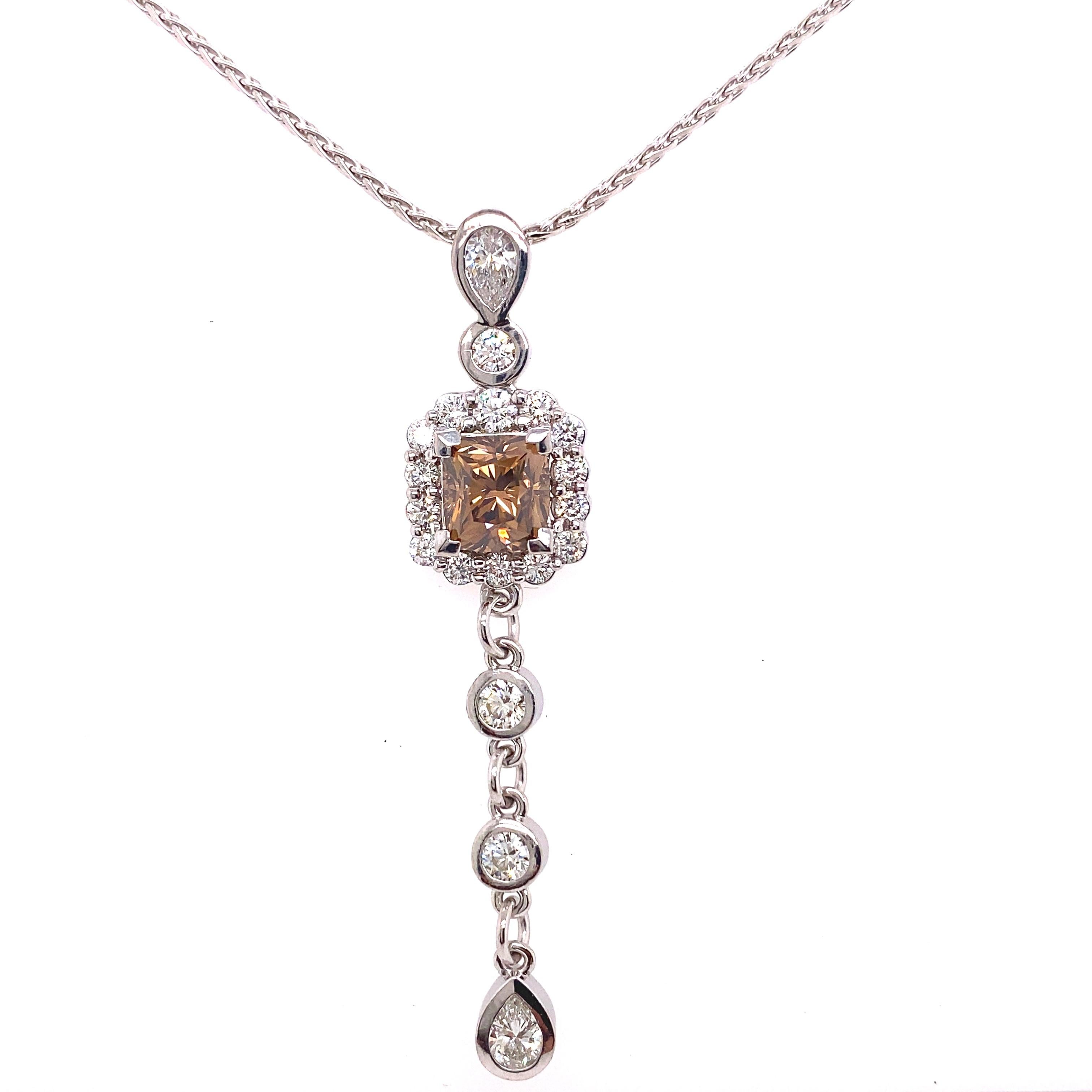 Custom Designed Cognac Fancy Dark Orangey Brown Cushion Diamond Pendant Necklace For Sale 3