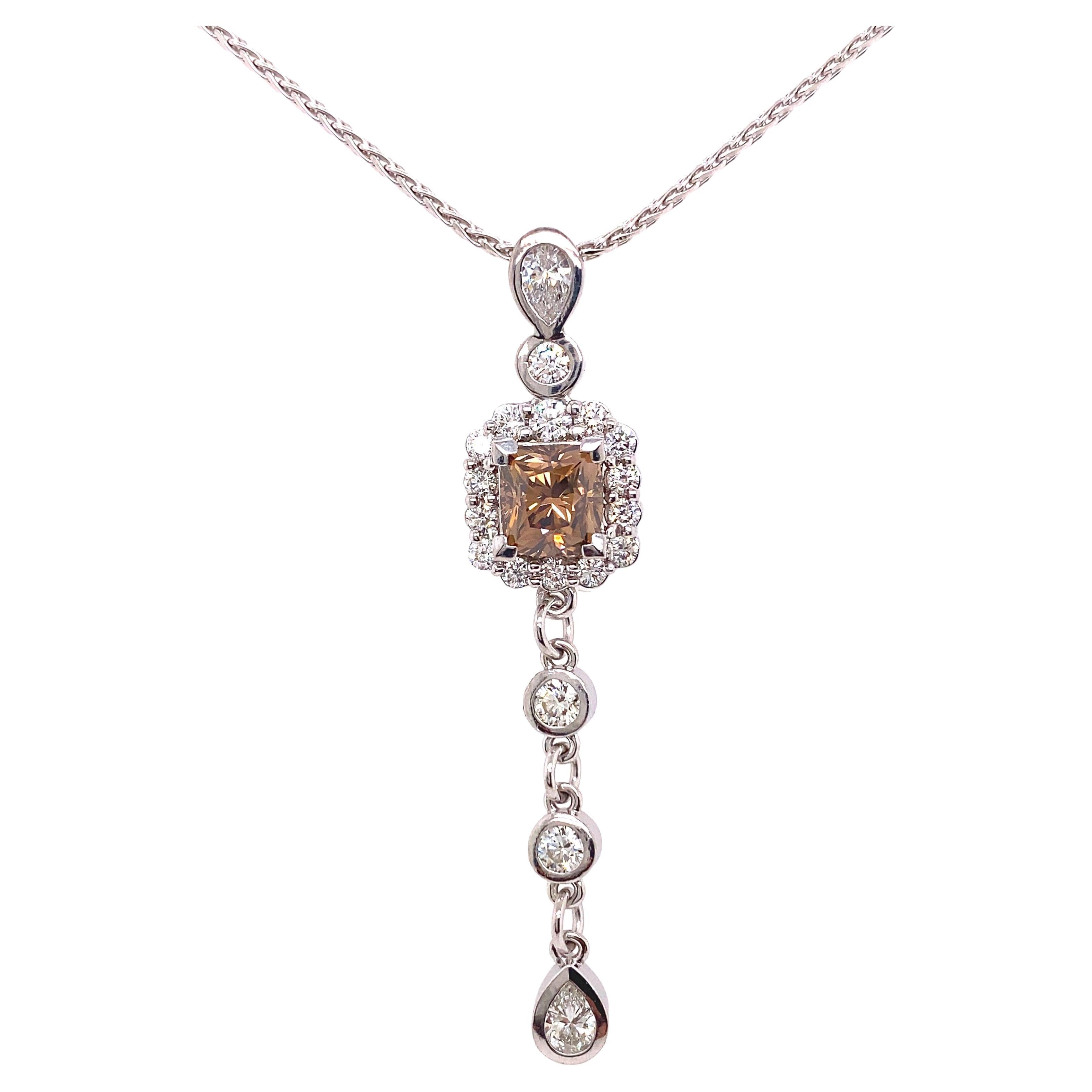 Custom Designed Cognac Fancy Dark Orangey Brown Cushion Diamond Pendant Necklace For Sale