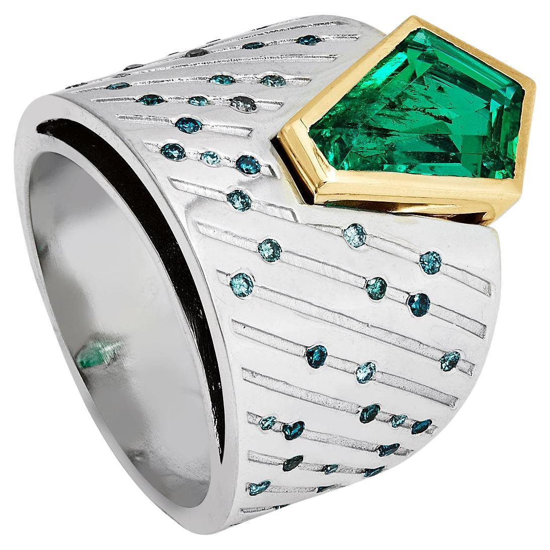 Custom Designed Colombian Emerald Diamond 18k Cigar Band Ring For Sale