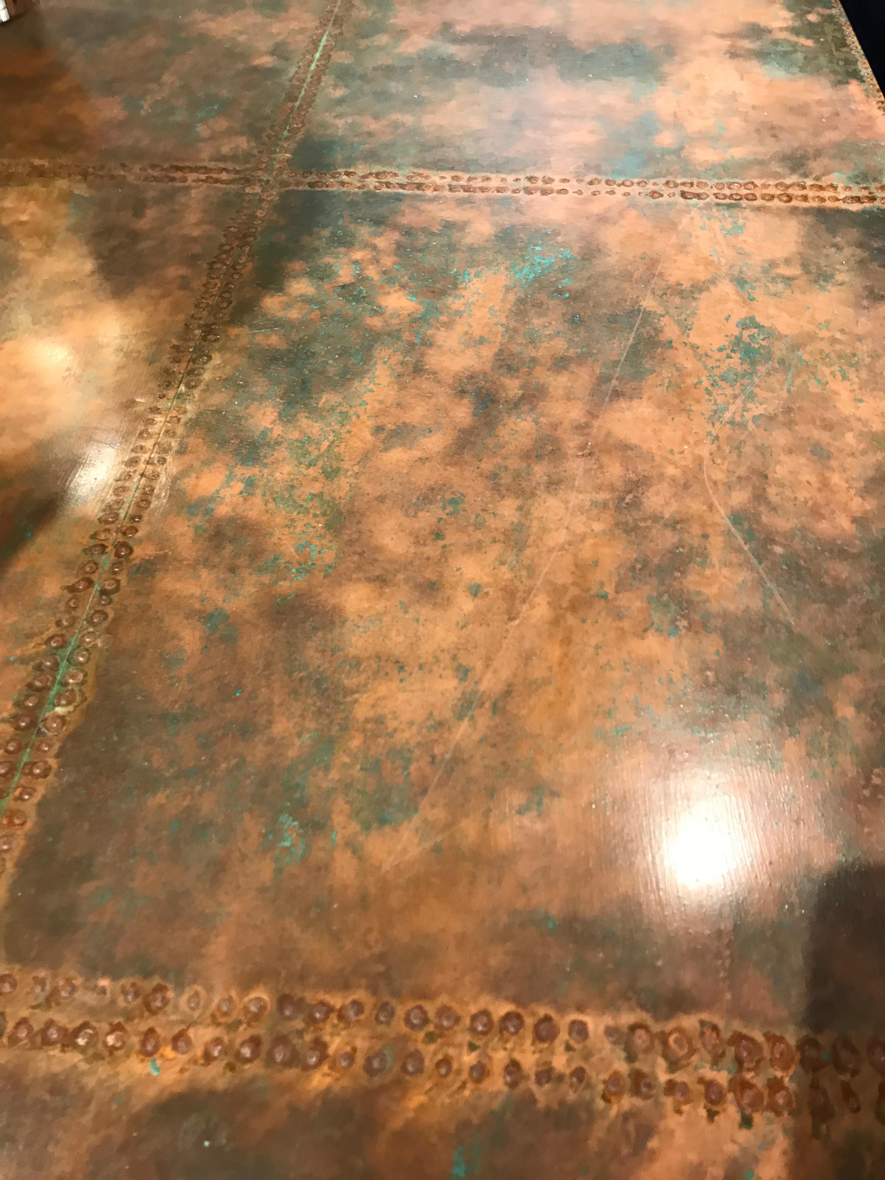Minimalist Verdigris Copper Top Paneled Dining Table