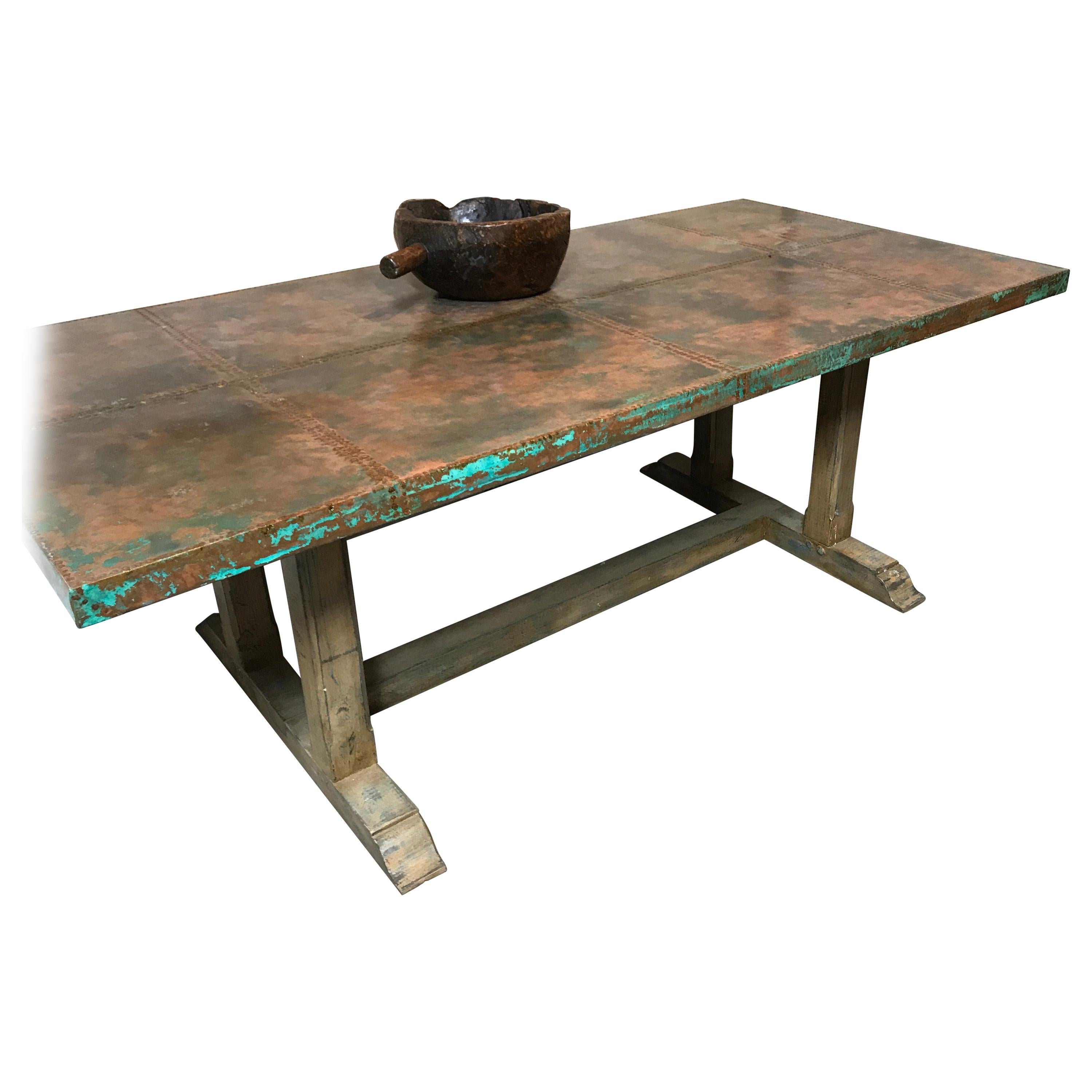 Verdigris Copper Top Paneled Dining Table