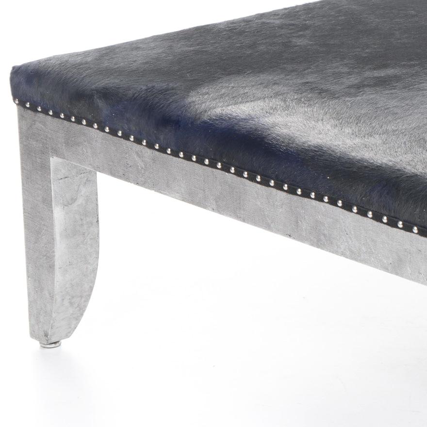 Mid-Century Modern Custom Designed Distressed Silver Lacquer Raffia And Hair on Hide Coffee Table  For Sale