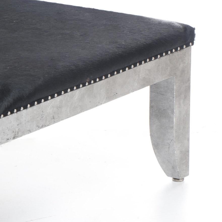 Cowhide Custom Designed Distressed Silver Lacquer Raffia And Hair on Hide Coffee Table  For Sale