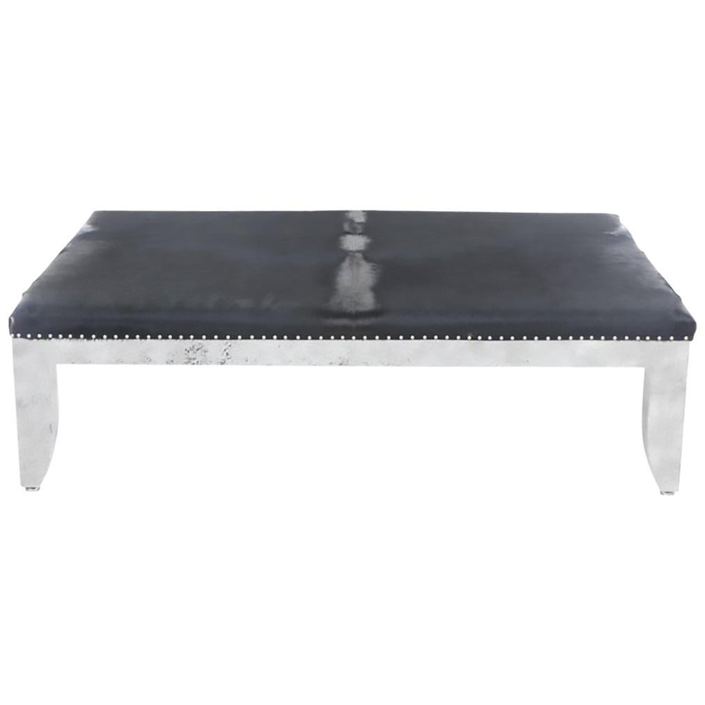 Custom Designed Distressed Silver Lacquer Raffia And Hair on Hide Coffee Table  For Sale