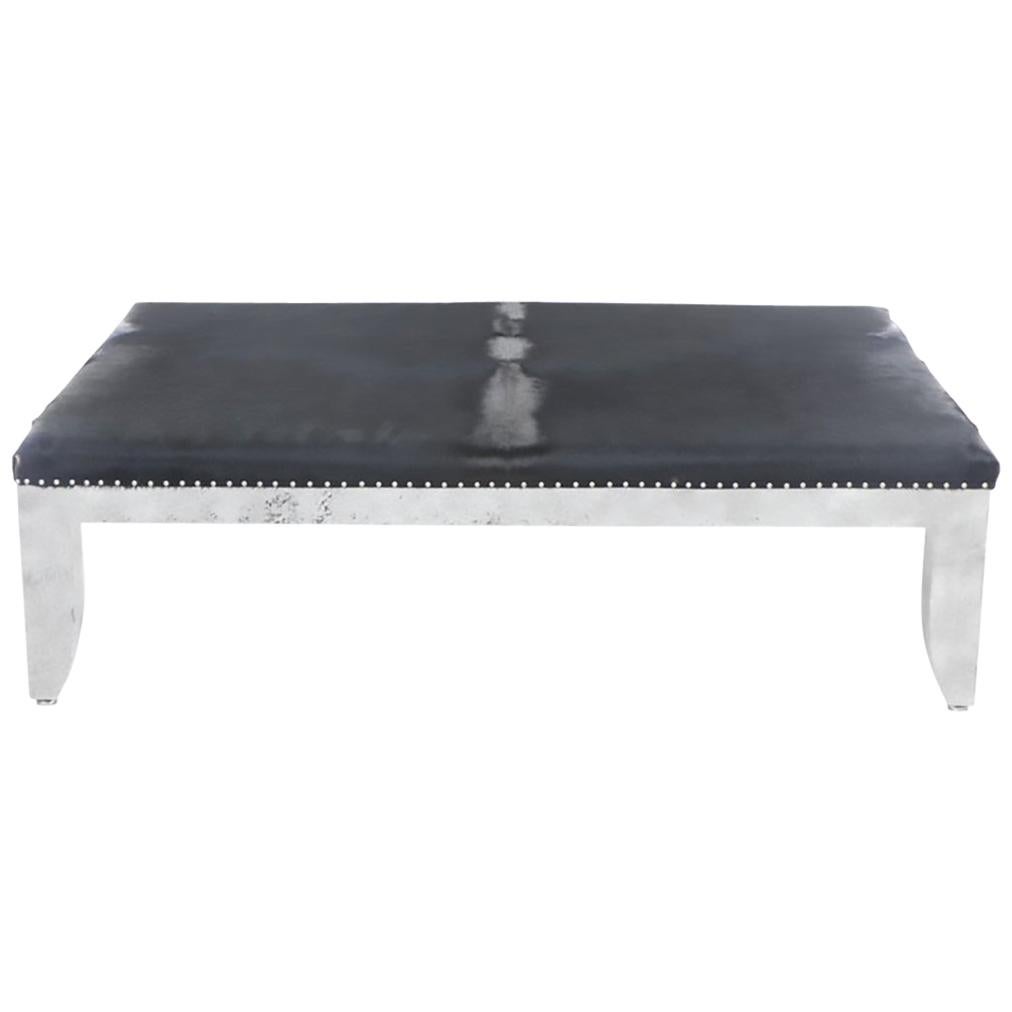 Custom Designed Distressed Silver Lacquer Raffia And Hair on Hide Coffee Table For Sale