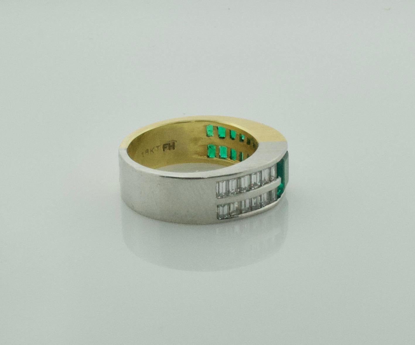 Custom Designed Emerald and Diamond Wedding Band in 18 Karat Gold and Platinum In Good Condition For Sale In Wailea, HI