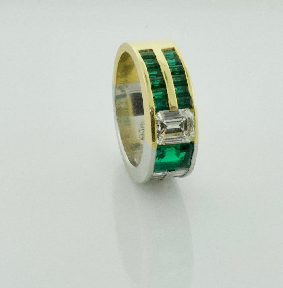 Custom Designed Emerald and Diamond Wedding Band in 18 Karat Gold and Platinum For Sale 1