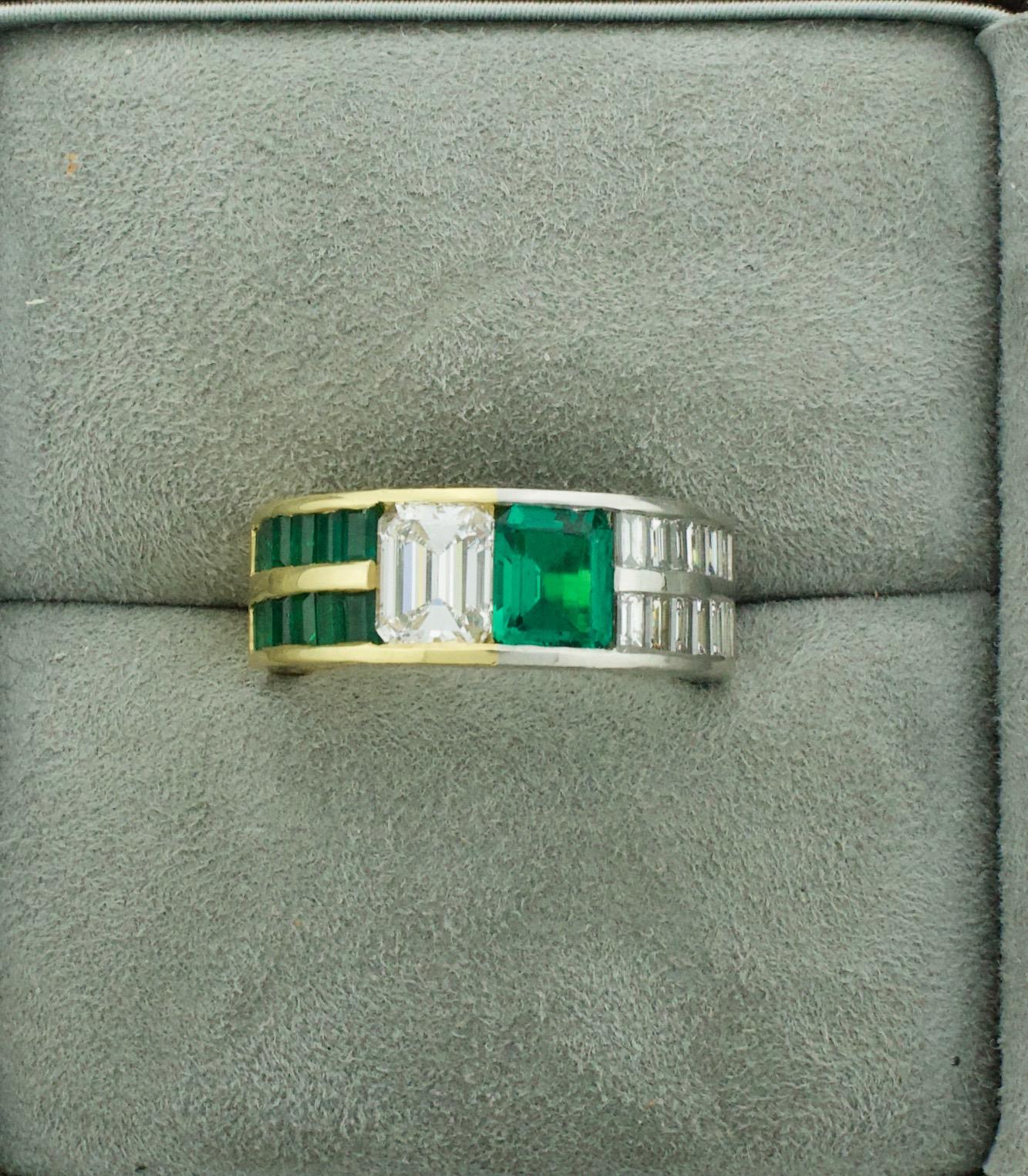 Custom Designed Emerald and Diamond Wedding Band in 18k Gold and Platinum
Size 10
Extremely Fine Material Throughout 
One Emerald Cut Diamond weighing 1.30 carats approximately [GHI VS1]
One Emerald Cut Emerald weighing 1.05 carats approximately