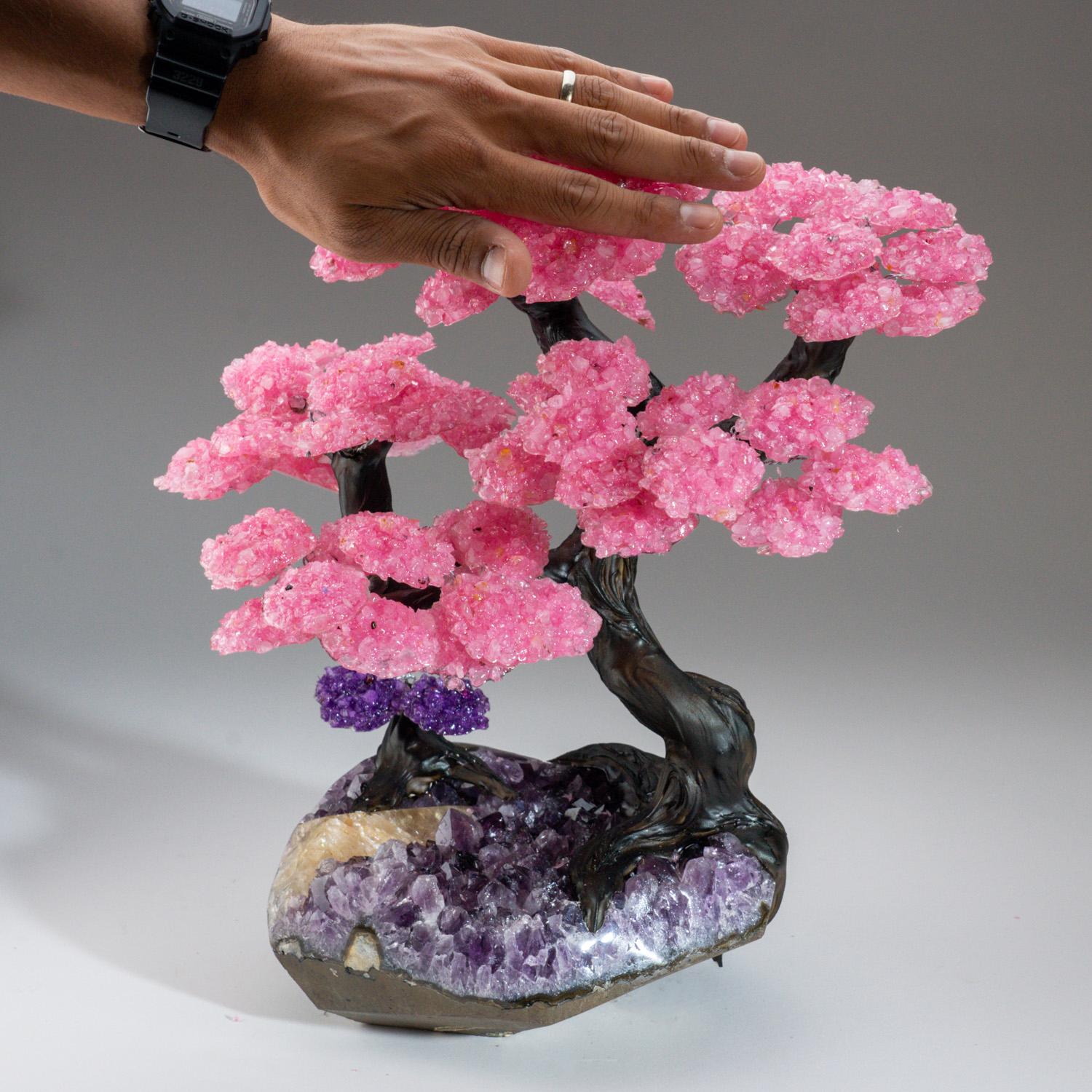 Genuine Rose Quartz clustered gemstone tree with faux tree trunk set on a large grape purple Amethyst crystal cluster on matrix - handmade in Uruguay. 