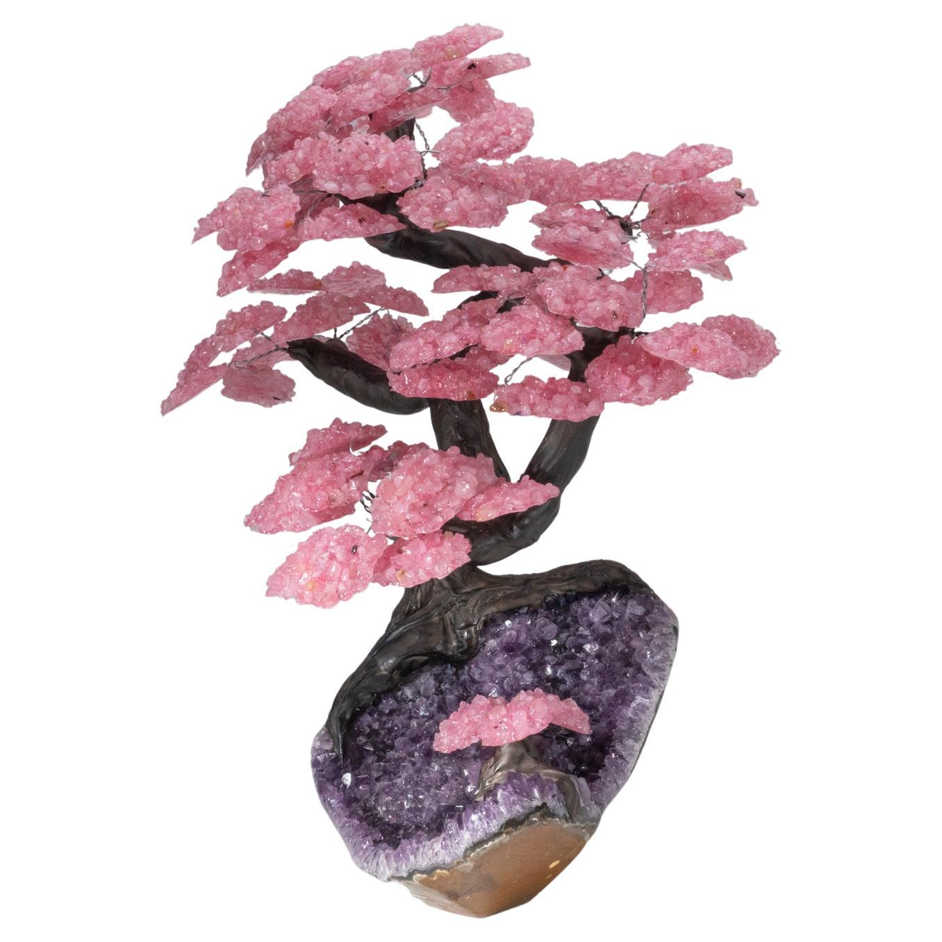 Custom Designed, Genuine Rose Quartz Clustered Gemstone Tree on Amethyst Matrix In New Condition In New York, NY
