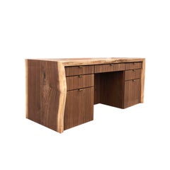 Custom Designed Live Edge Walnut and Brass Paneled Desk