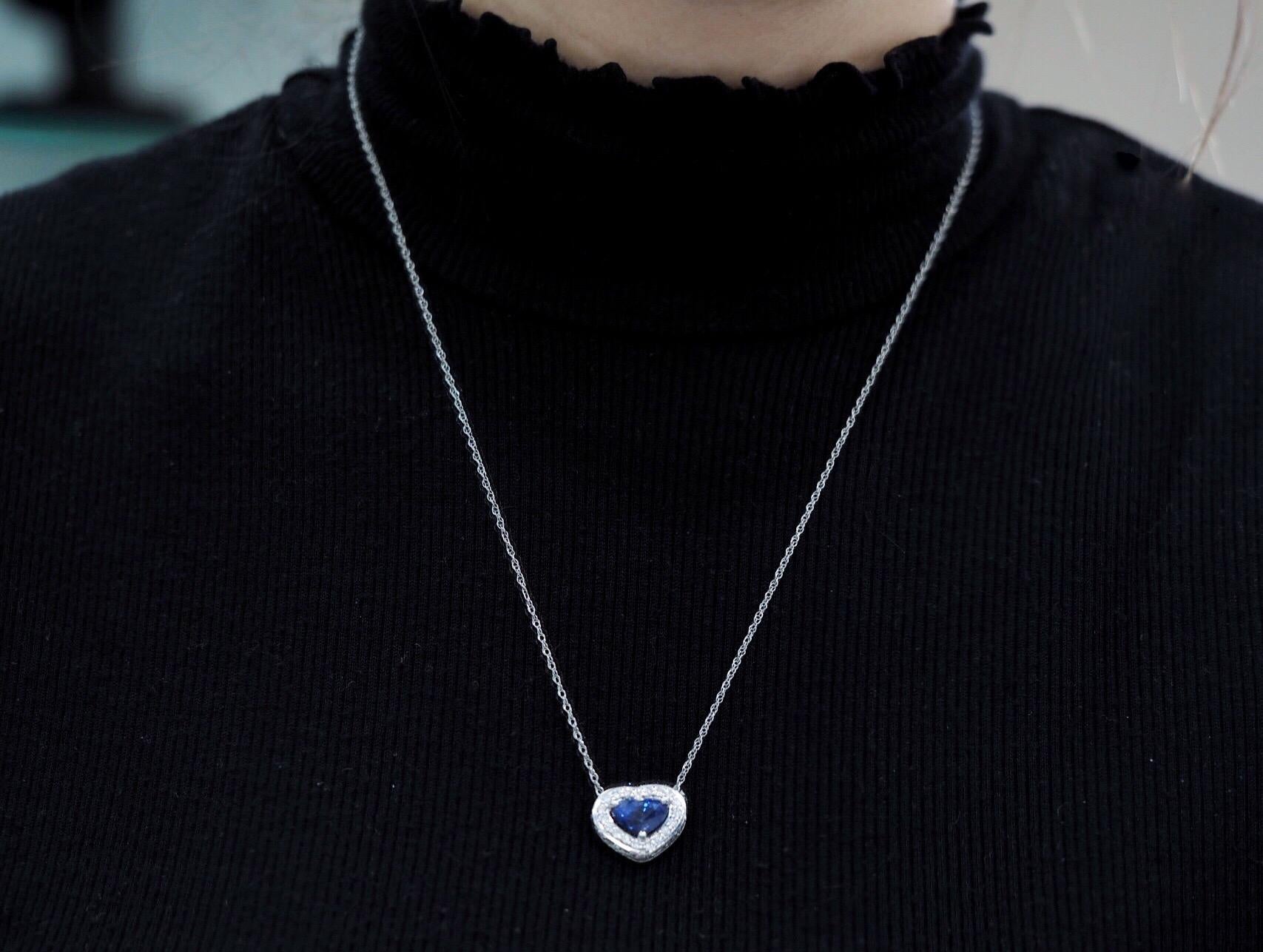 Custom Designed Natural Heart Sapphire and Diamond Pendant Necklace 1