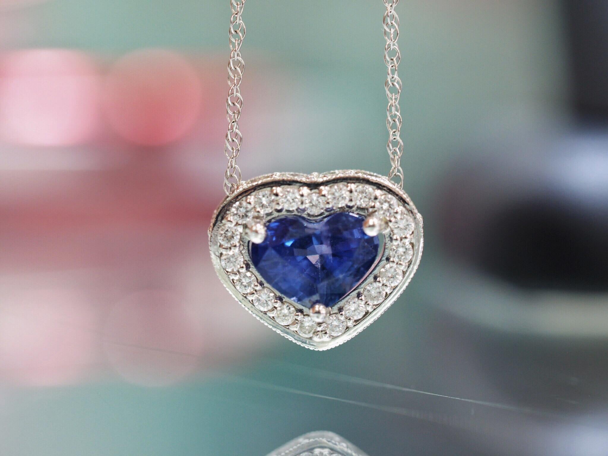 Custom Designed Natural Heart Sapphire and Diamond Pendant Necklace 2