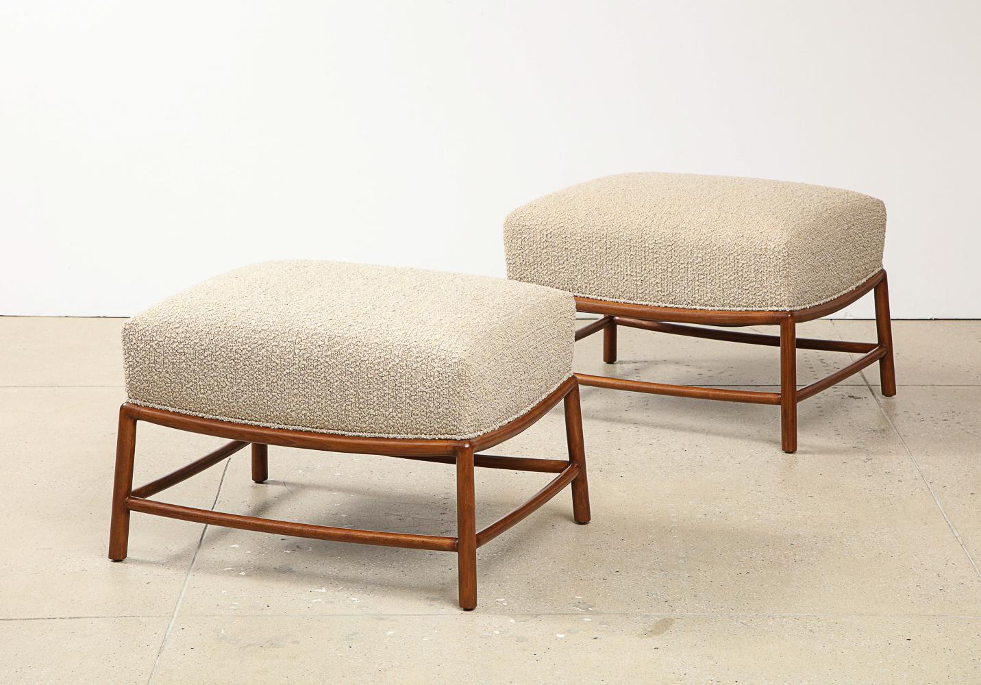 Solid walnut frames with angled legs and curved lines. Recently refinished and upholstered in a taupe boucle. *Provenance: private commission, Palm Springs, CA.