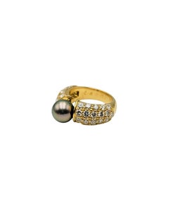 Custom Designed Pave Diamond and Black Pearl Cathedral Style 18K Gold Ring