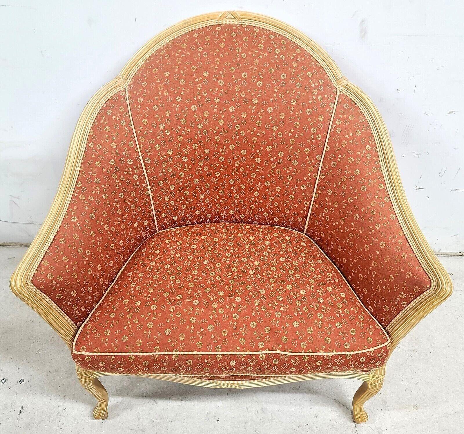 Custom Designer French Provincial Louis XV Style Floral Apricot Settee Chair
Seat cushion is foam surrounded by down feathers for maximum comfort without sagging.

Approximate Measurements in Inches
33