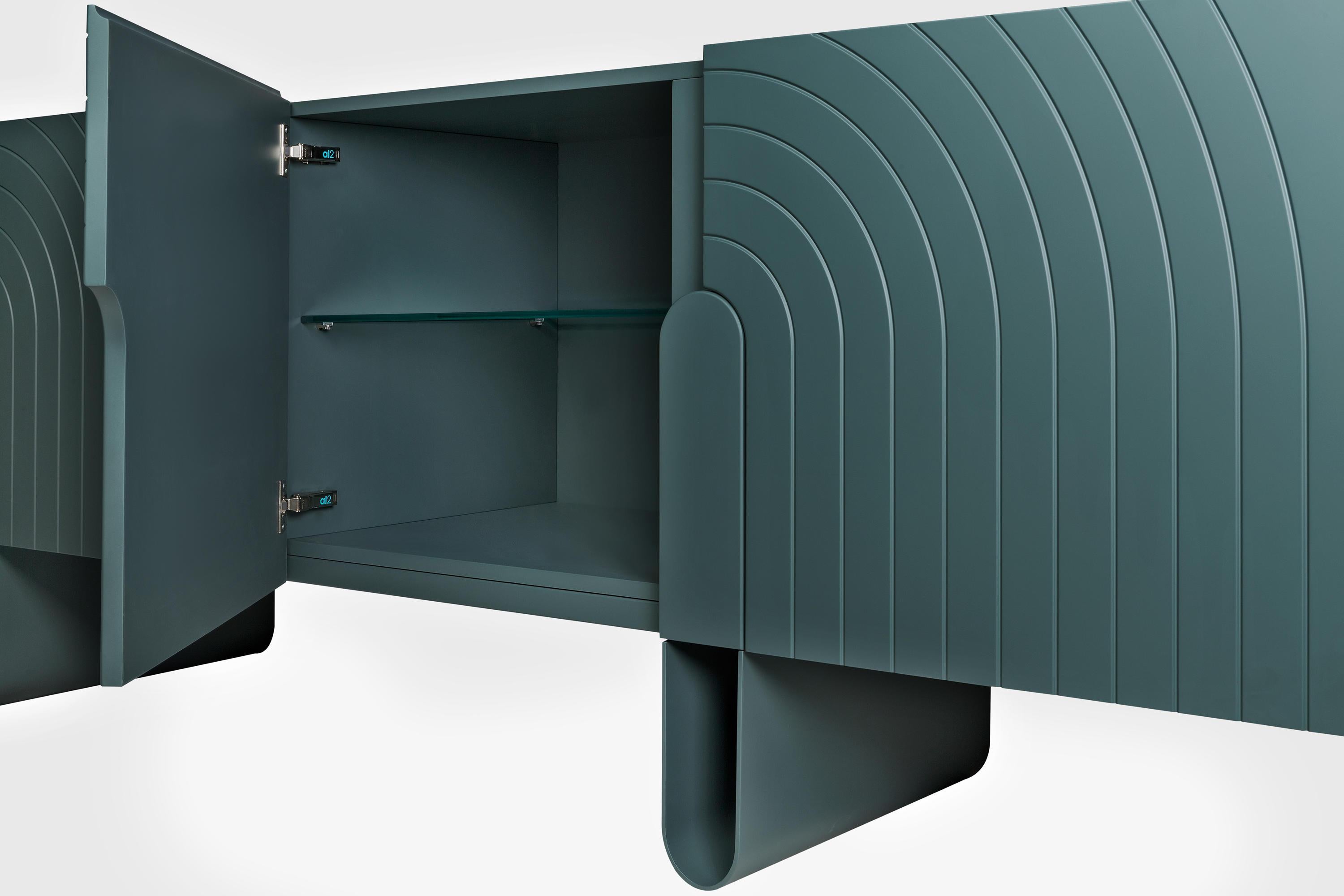 Modern Custom Designer Sideboard in Monochromatic Petrol Grey Lacquer For Sale