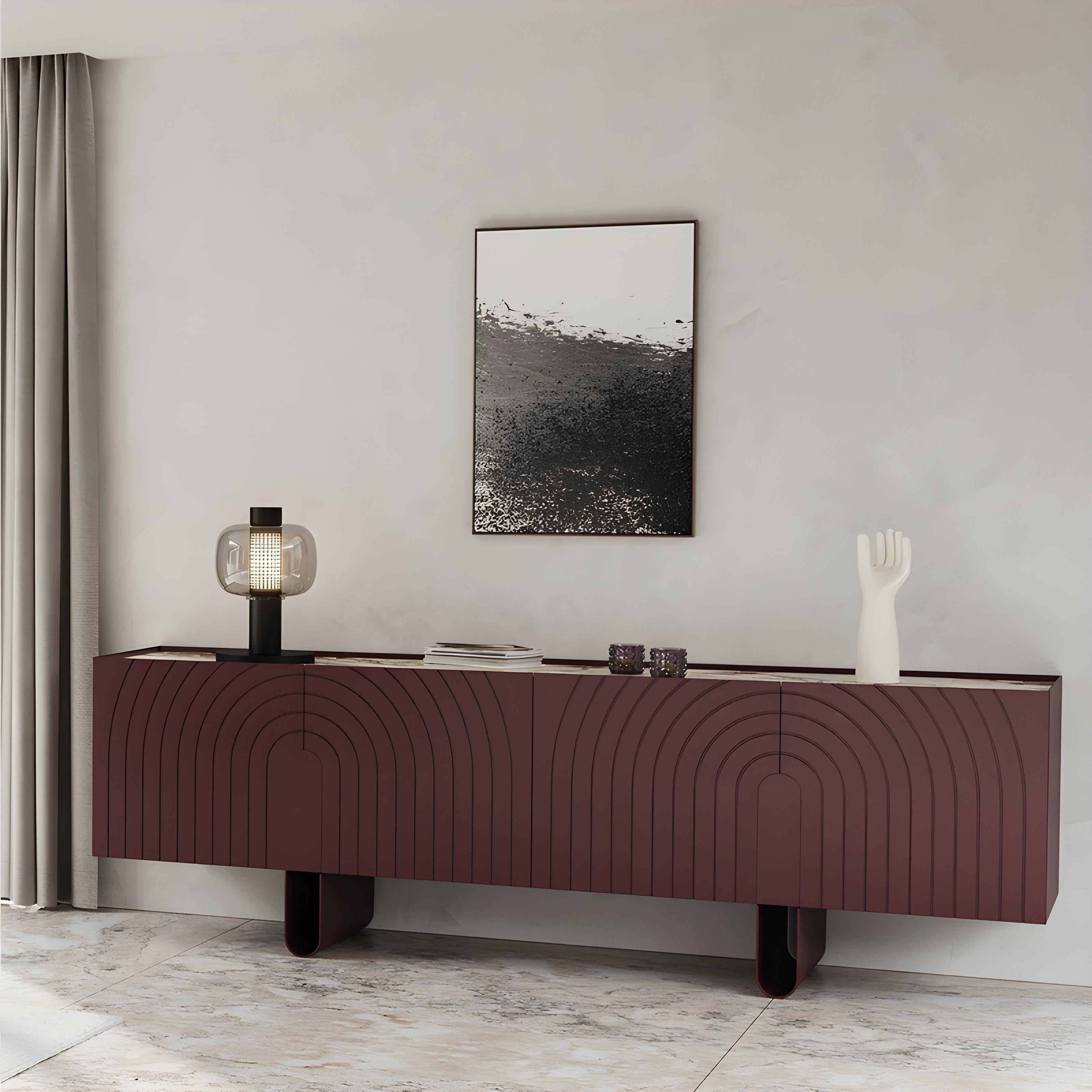 Metallo Credenza di design personalizzata con laccatura in palissandro e piano in ceramica Breccia Medicea in vendita