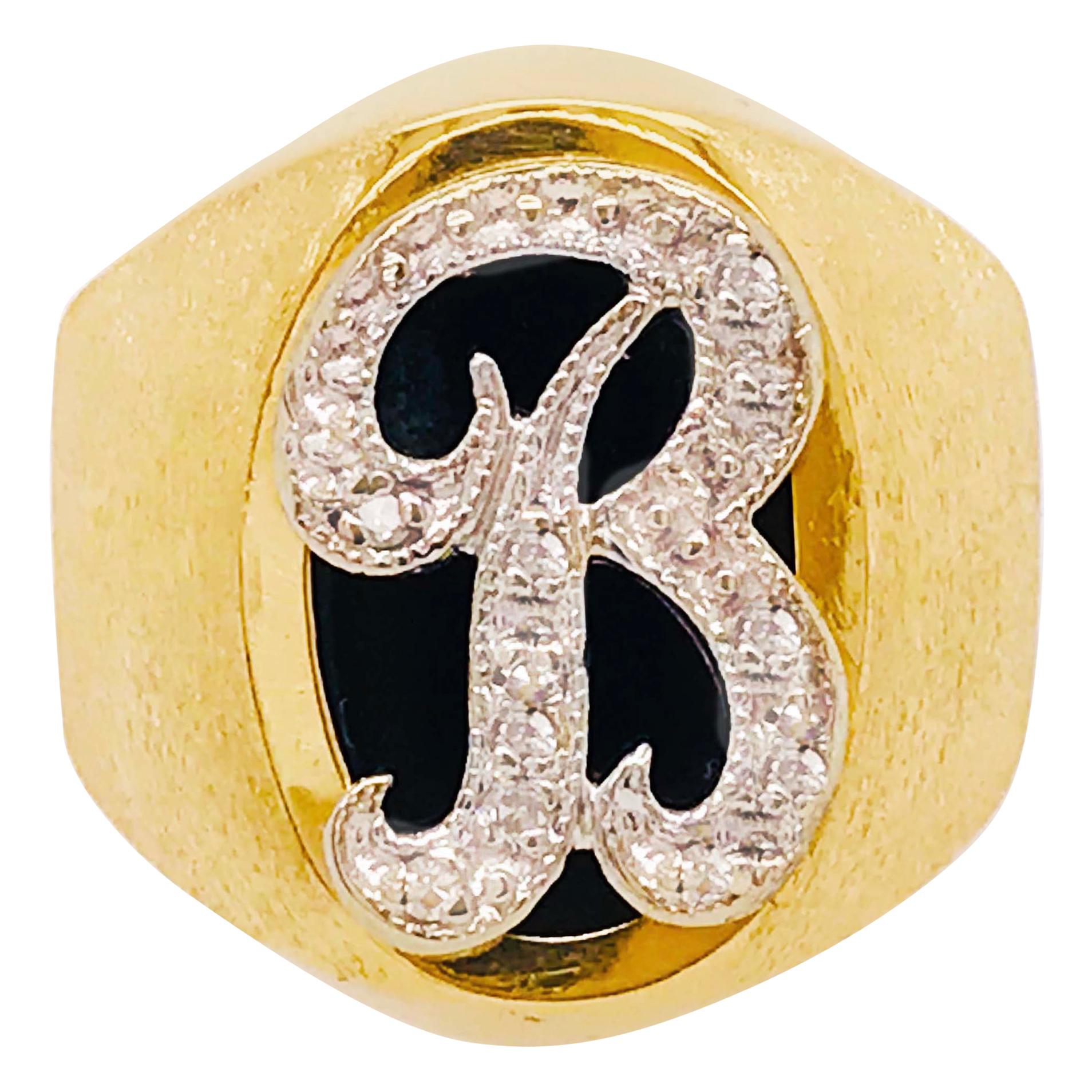 Initia Diamond "B" Signet Ring was Custom-Made w Satin in 14 KT Yellow Gold