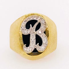 Initia Diamond "B" Signet Ring was Custom-Made w Satin in 14 KT Yellow Gold