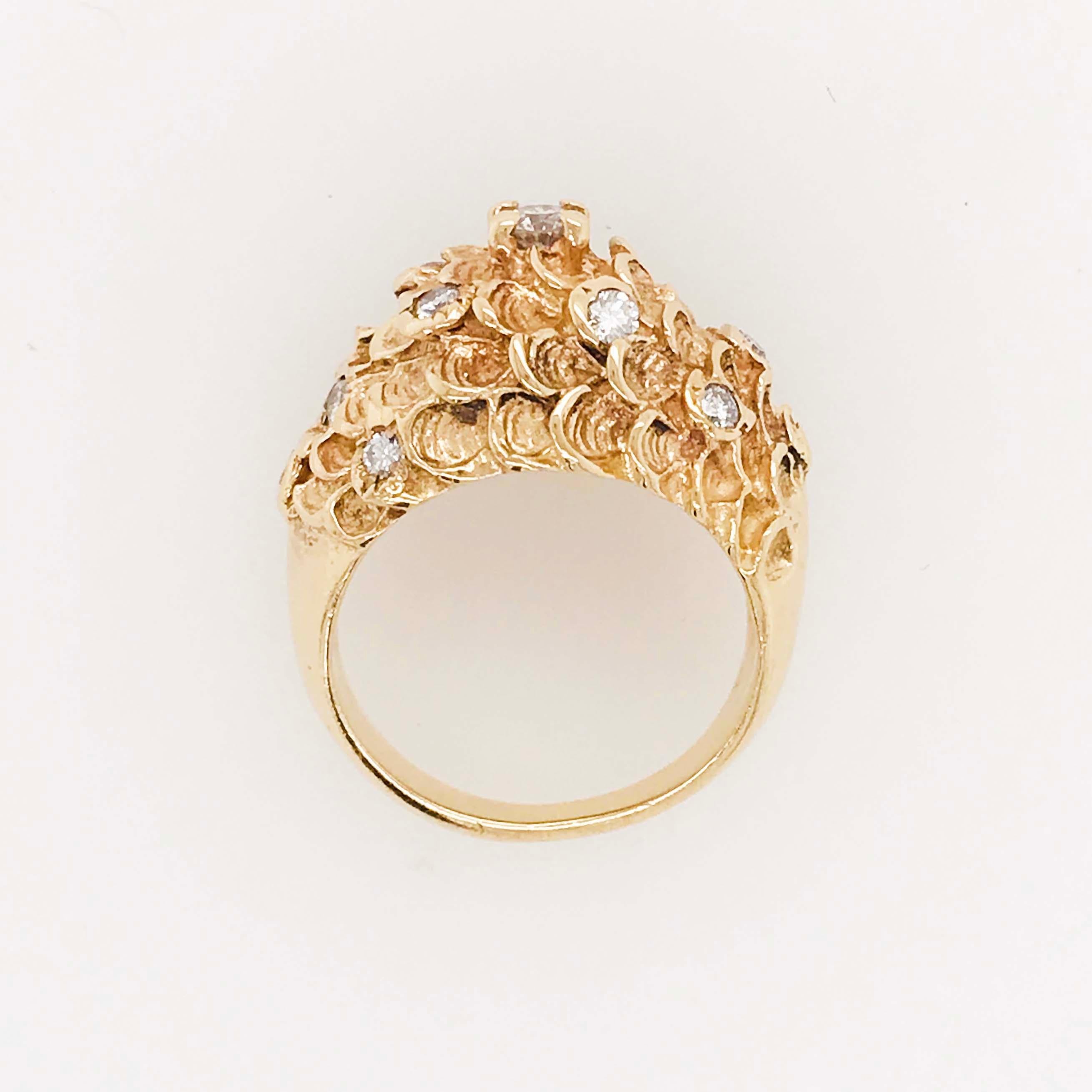 Retro Custom Diamond Dome Ring, Textured Scale Design in 14 Karat Gold Diamond Ring
