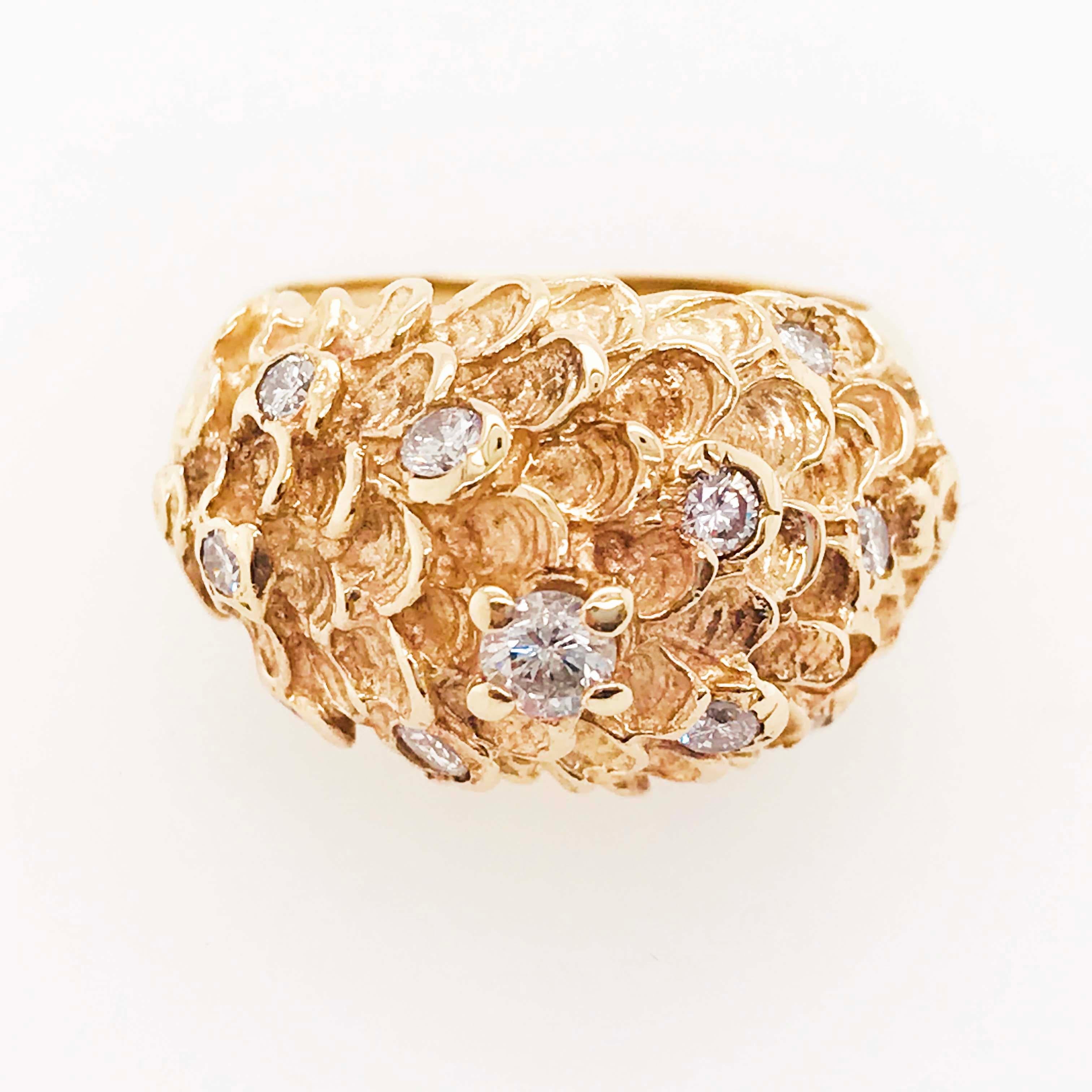 Round Cut Custom Diamond Dome Ring, Textured Scale Design in 14 Karat Gold Diamond Ring