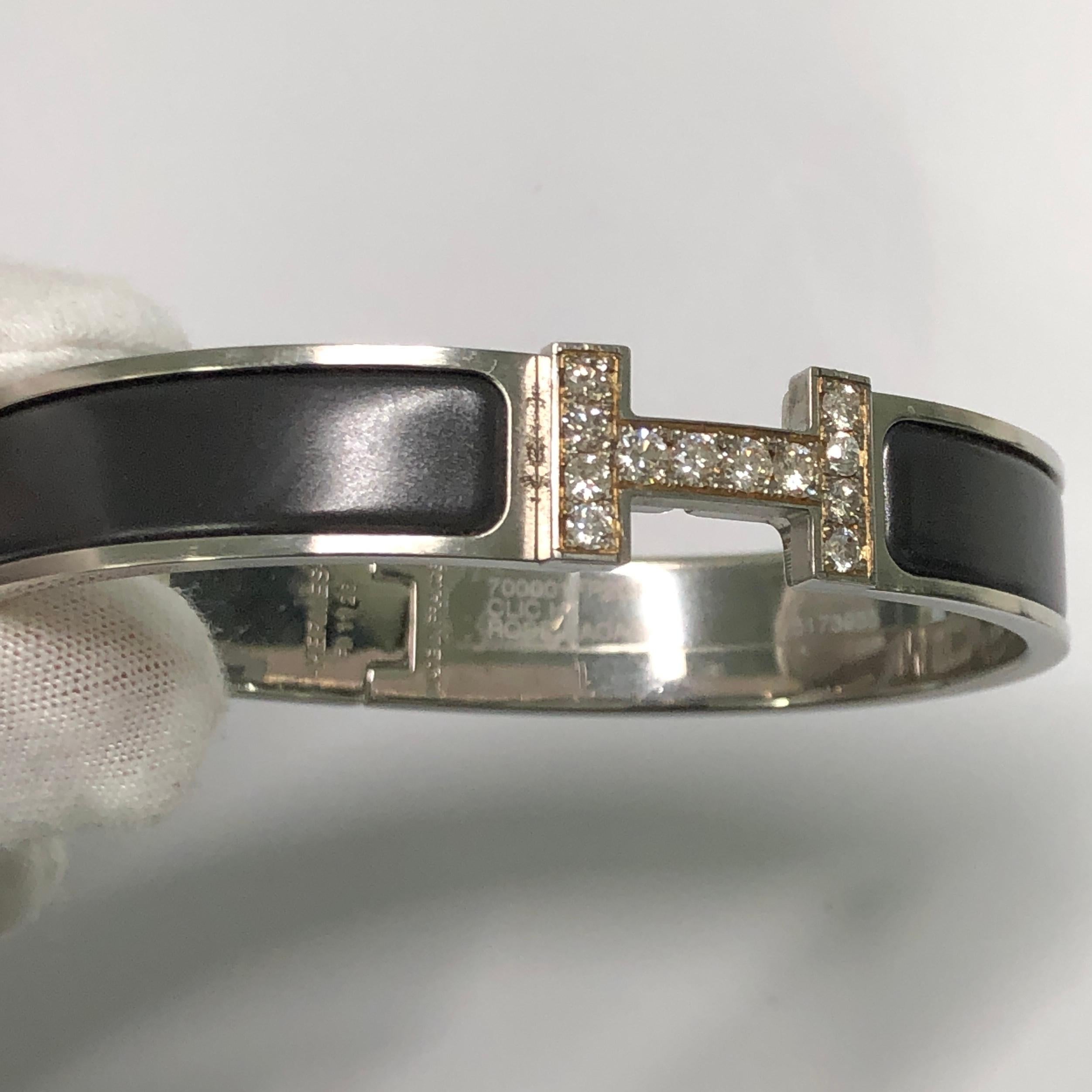 Art Deco Custom Diamond Hermes Clic H Enamel Bangle Bracelet GM France Black For Sale
