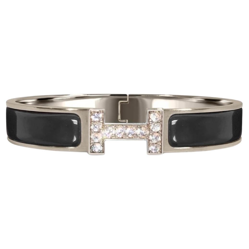 Custom Diamond Hermes Clic H Enamel Bangle Bracelet GM France Black For Sale