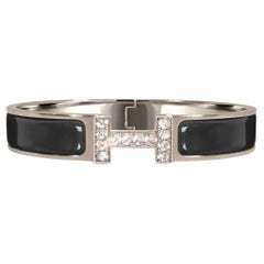 Used Custom Diamond Hermes Clic H Enamel Bangle Bracelet GM France Black