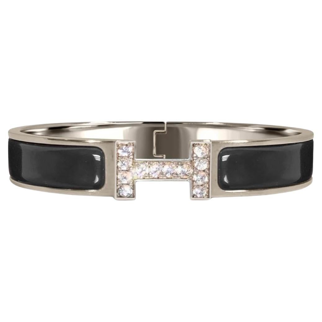 Custom Diamond Hermes Clic H Enamel Bangle Bracelet GM France Black For Sale
