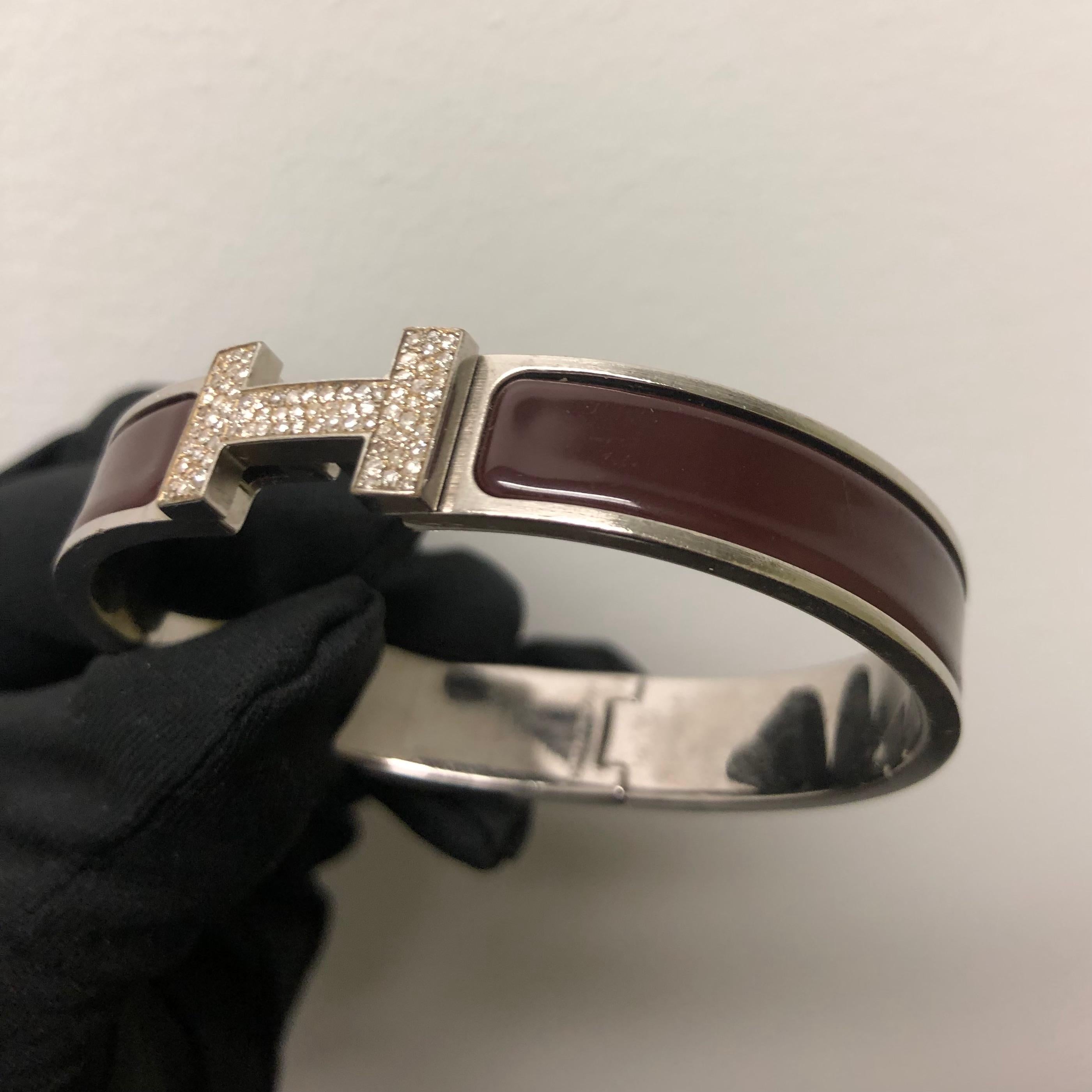 Round Cut Custom Diamond Hermes Clic H Enamel Bangle Bracelet GM France For Sale