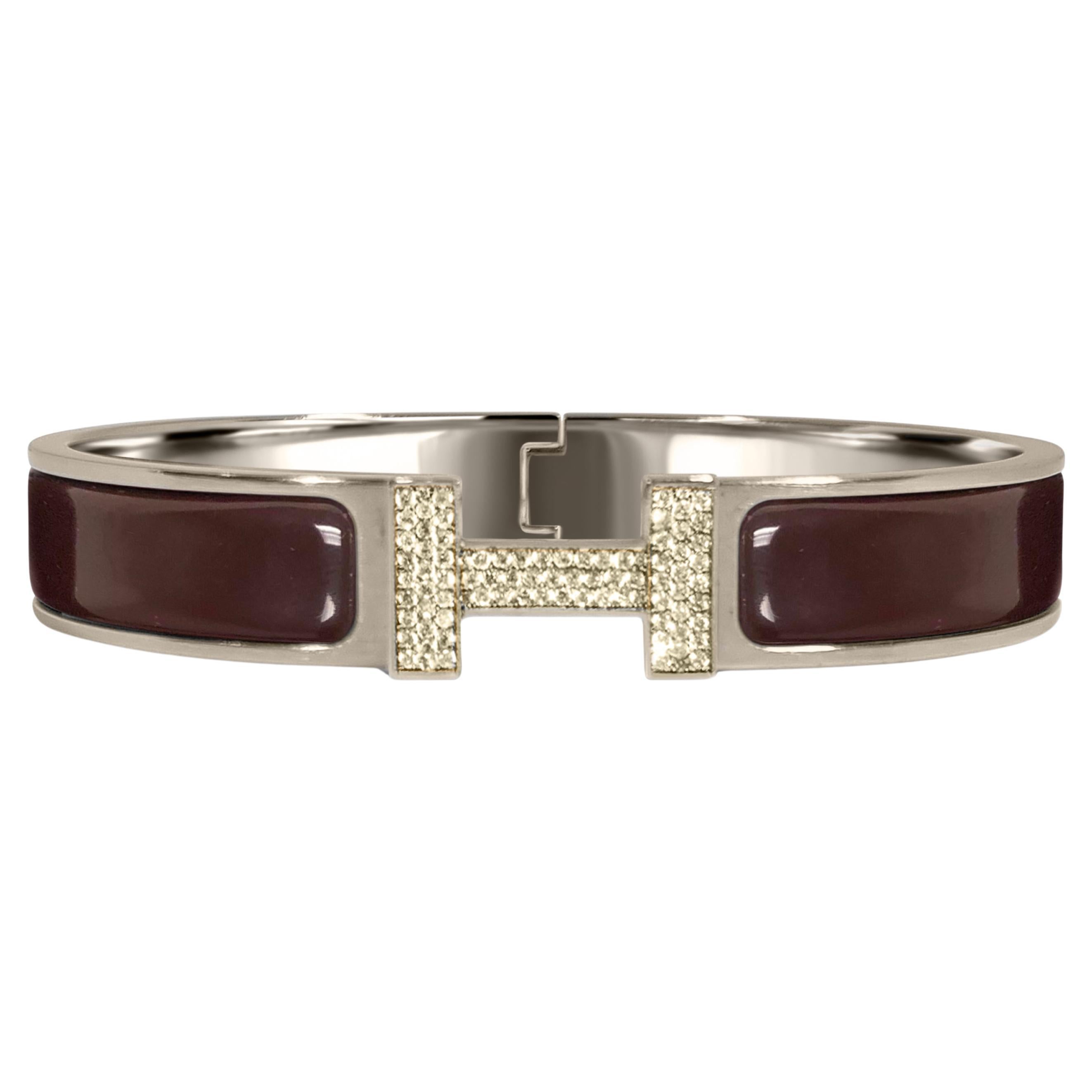 Custom Diamond Hermes Clic H Enamel Bangle Bracelet GM France For Sale