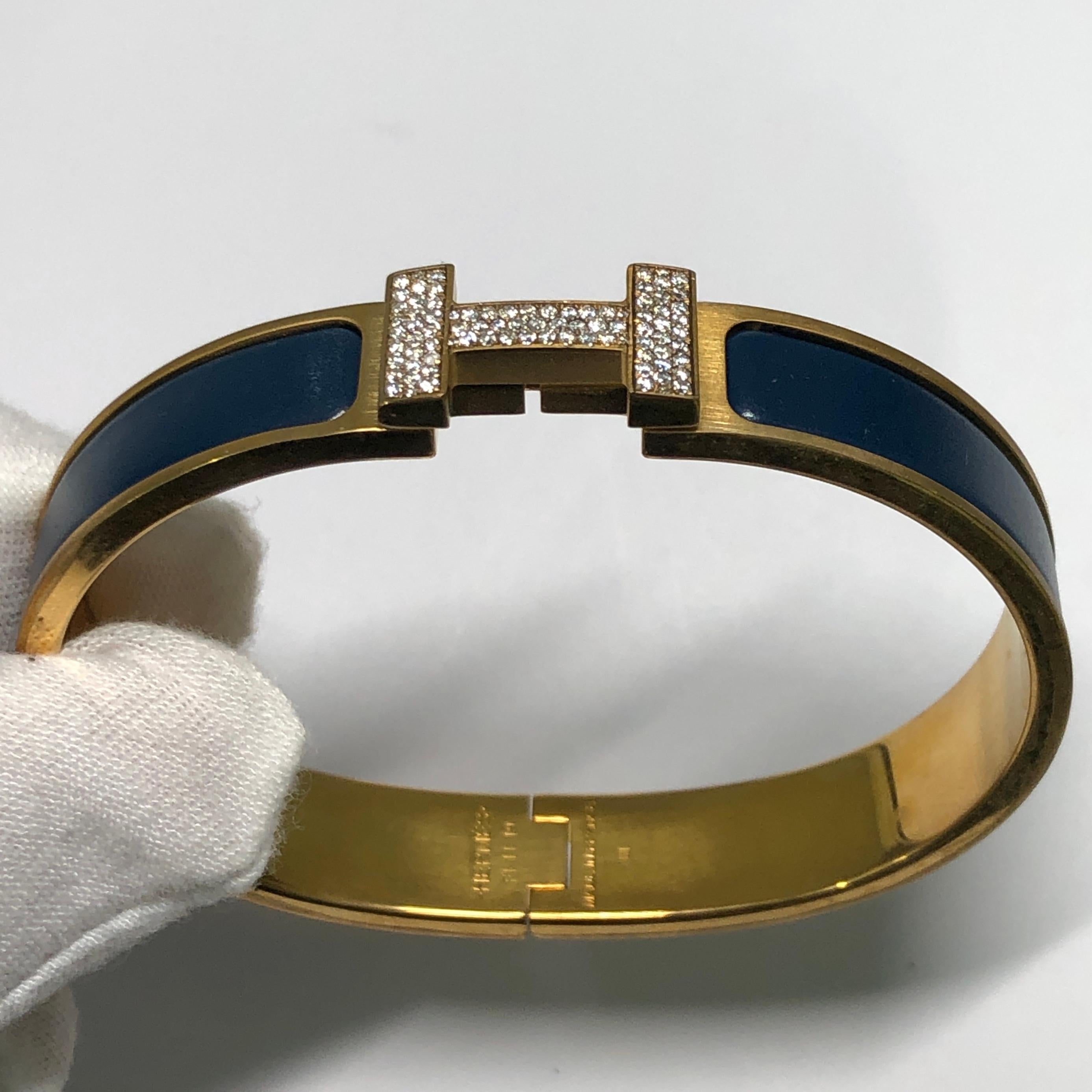 Custom Diamond Hermes Clic H Esmalte Pulsera GM Francia Art Decó