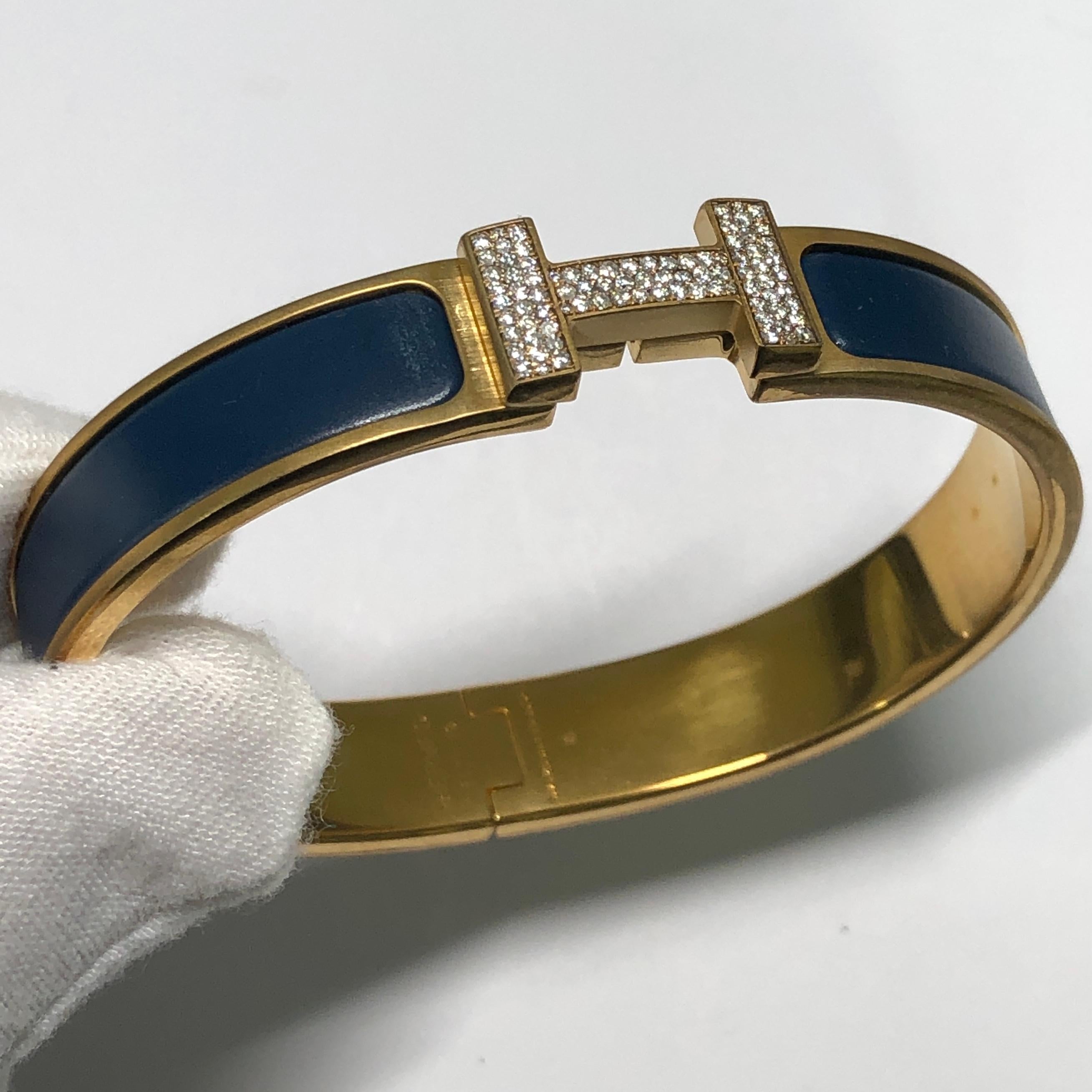 Custom Diamond Hermes Clic H Esmalte Pulsera GM Francia Corte redondo