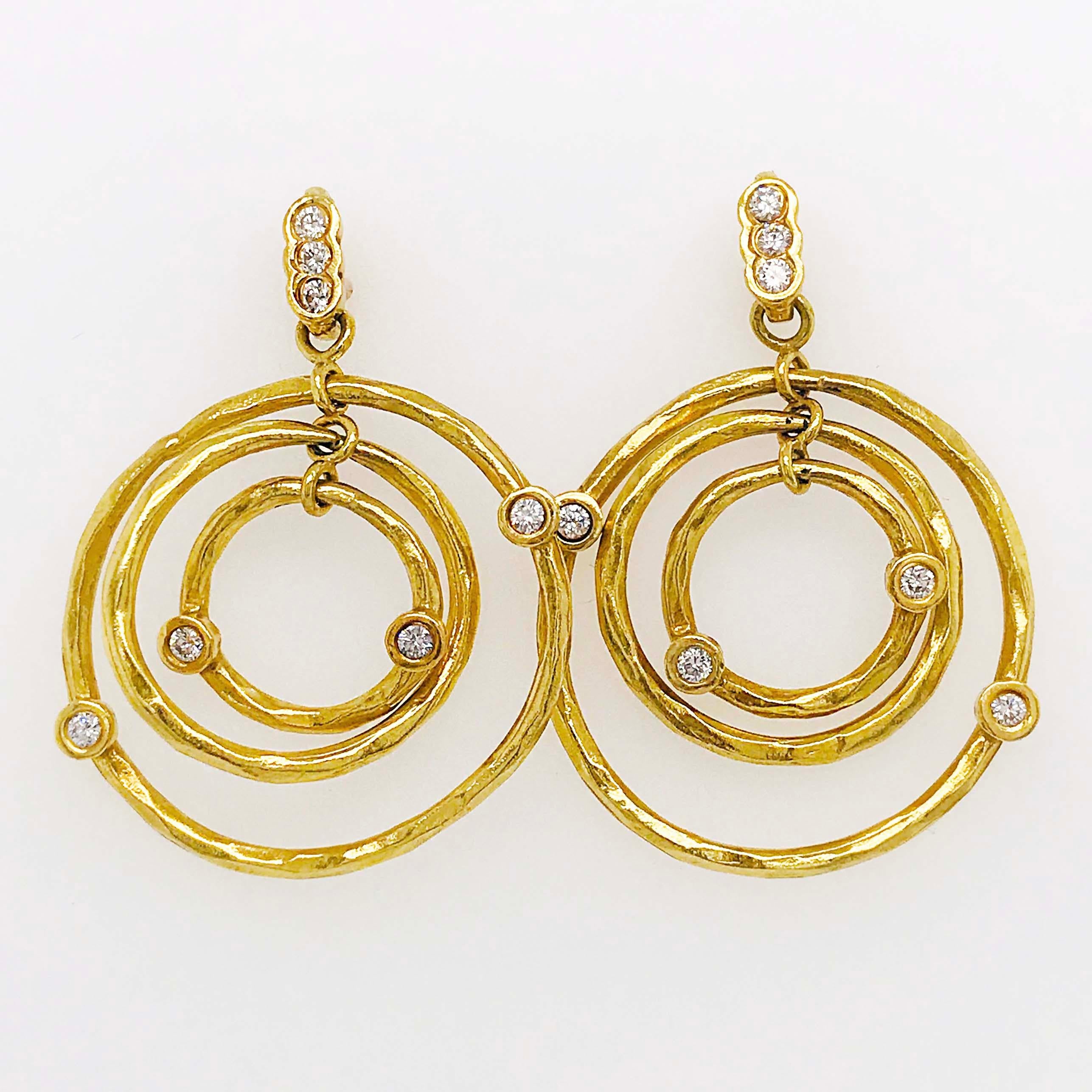 How gorgeous are these custom diamond circle dangle earrings? These earrings were hand fabricated and crafted carefully and beautifully. With three open circles descending in size that appear to be floating together in a pleasing way. The open