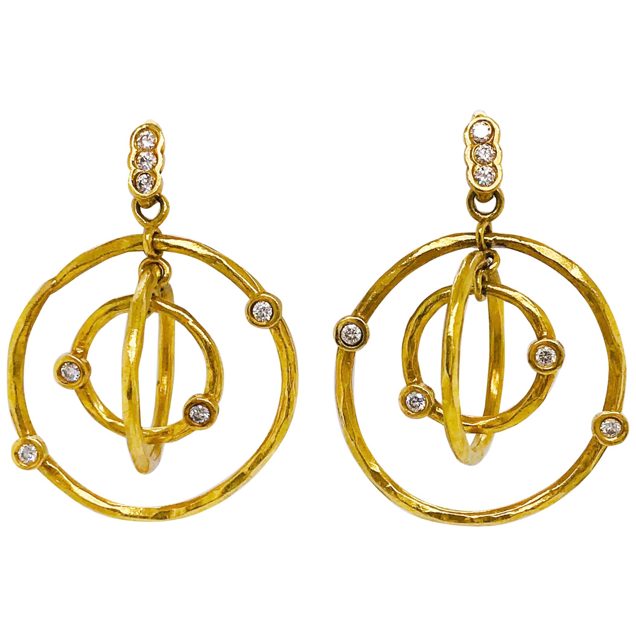 Custom Diamond Open Circle Chandelier Dangle Earrings in 18 Karat Yellow Gold For Sale