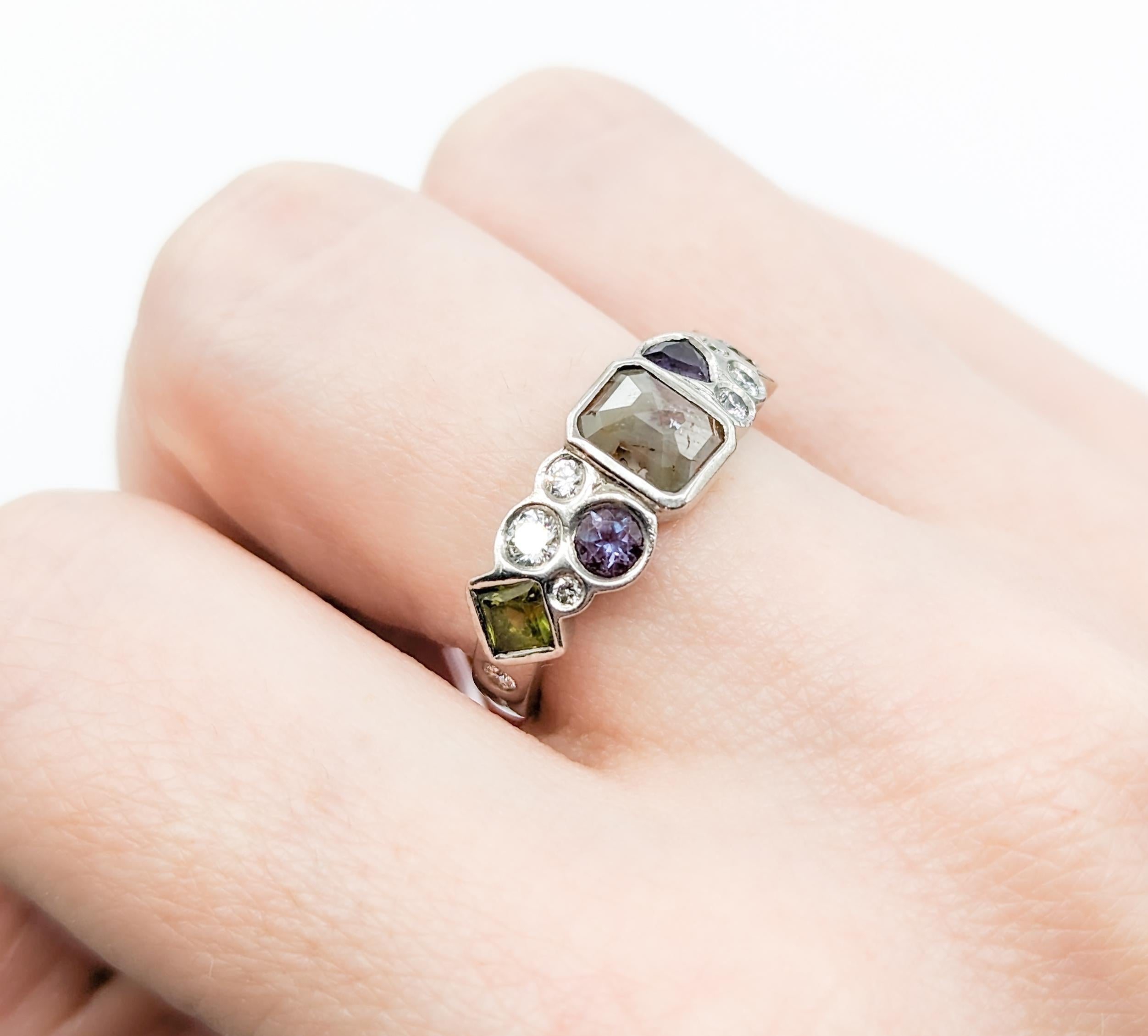 Modern Custom Diamond, Peridot, Amethyst, Lab Alexandrite Palladium Ring