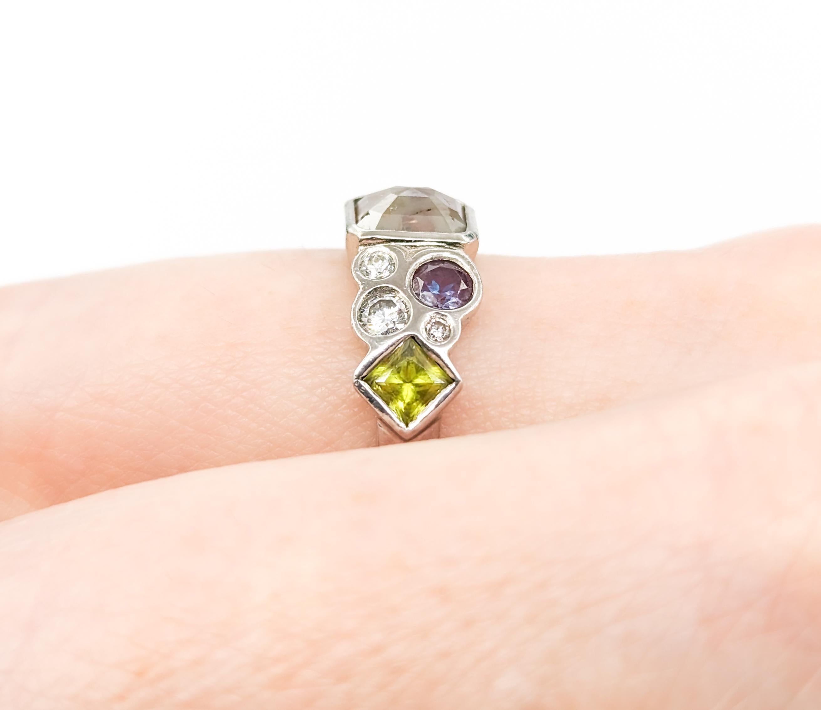 Rose Cut Custom Diamond, Peridot, Amethyst, Lab Alexandrite Palladium Ring
