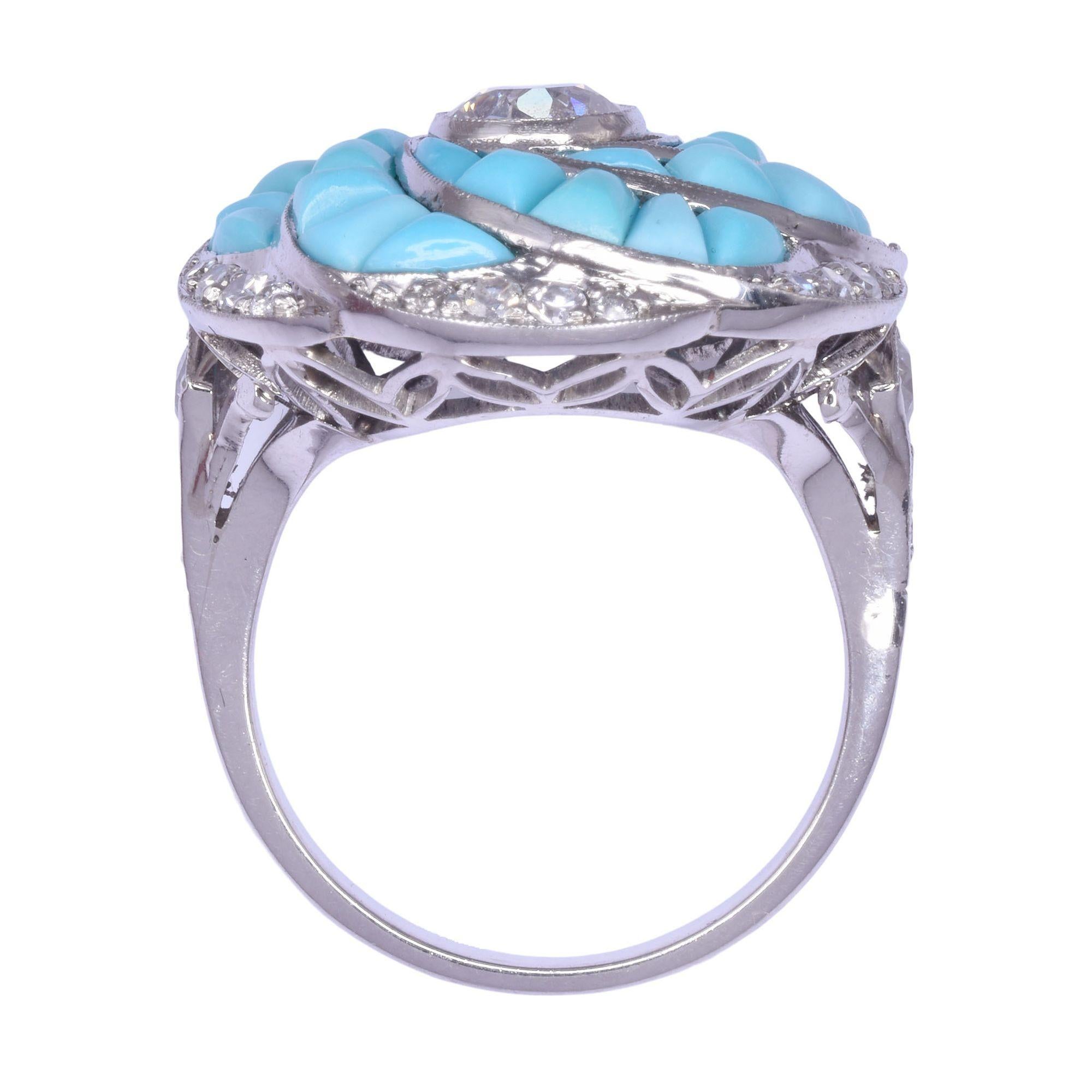 Custom Diamond & Turquoise Platinum Ring In Excellent Condition For Sale In Solvang, CA