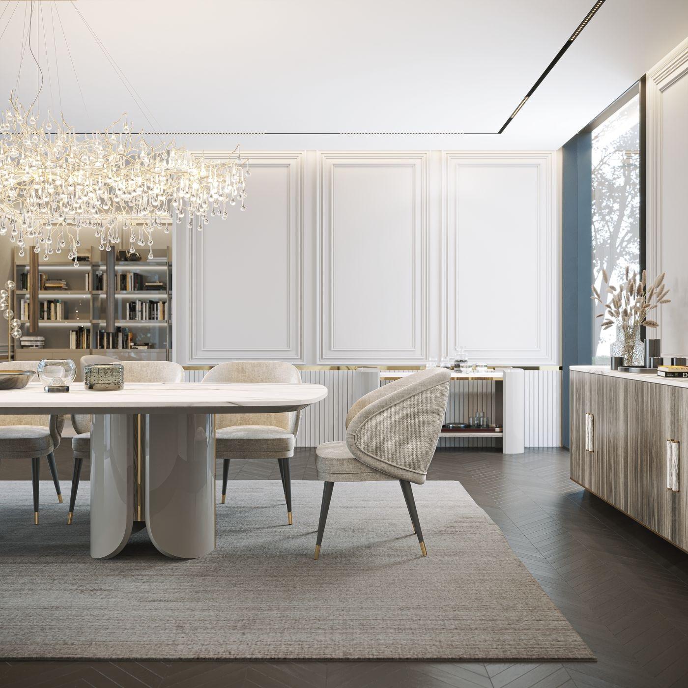 Questa sedia da pranzo combina una silhouette generosa con dettagli raffinati, progettati per garantire comfort ed eleganza negli spazi da pranzo moderni. La sua struttura in legno massiccio, rifinita con una pulita laccatura bianca, è completata da