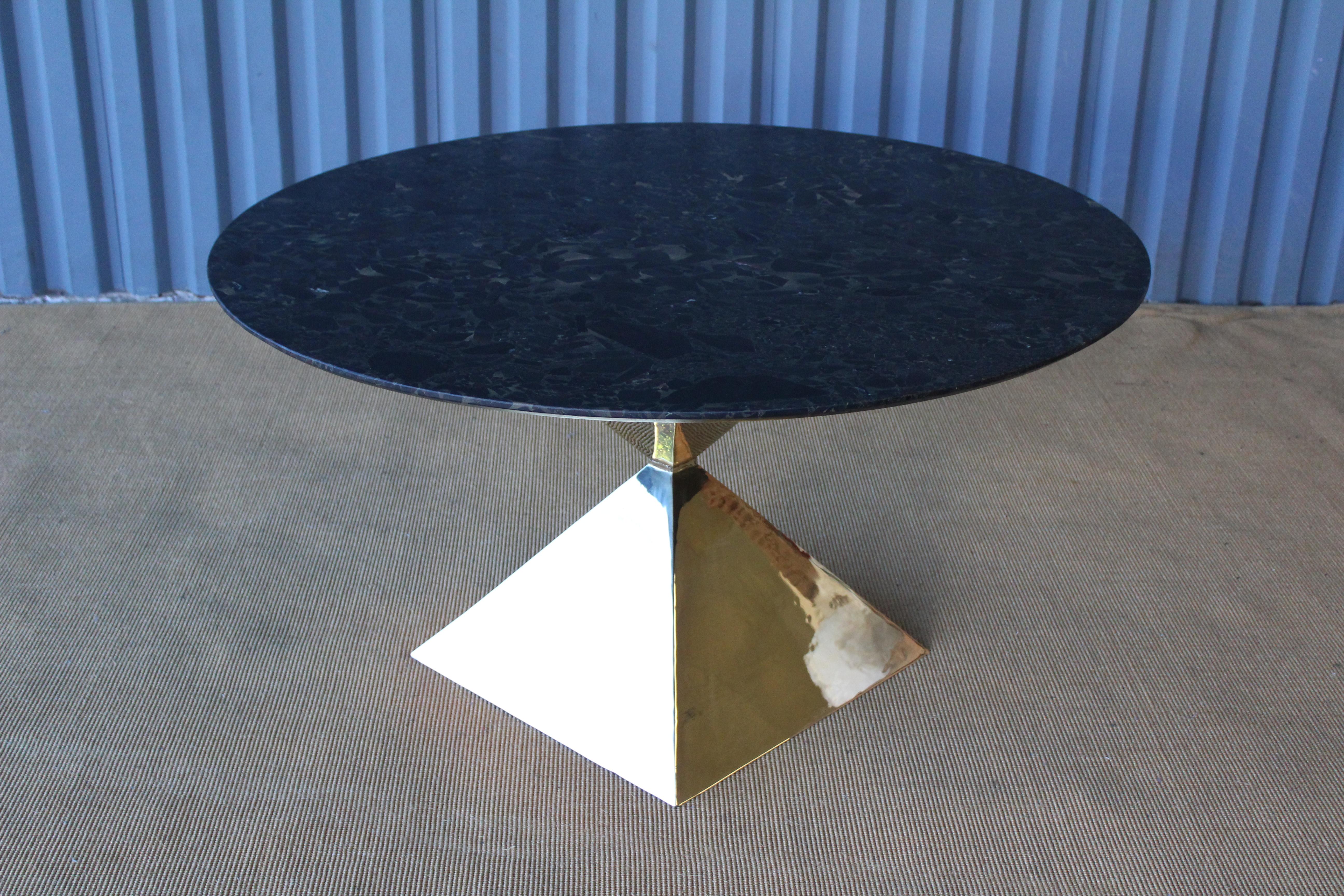 American Custom Dining Table with Brass Plated Base and Stone Top