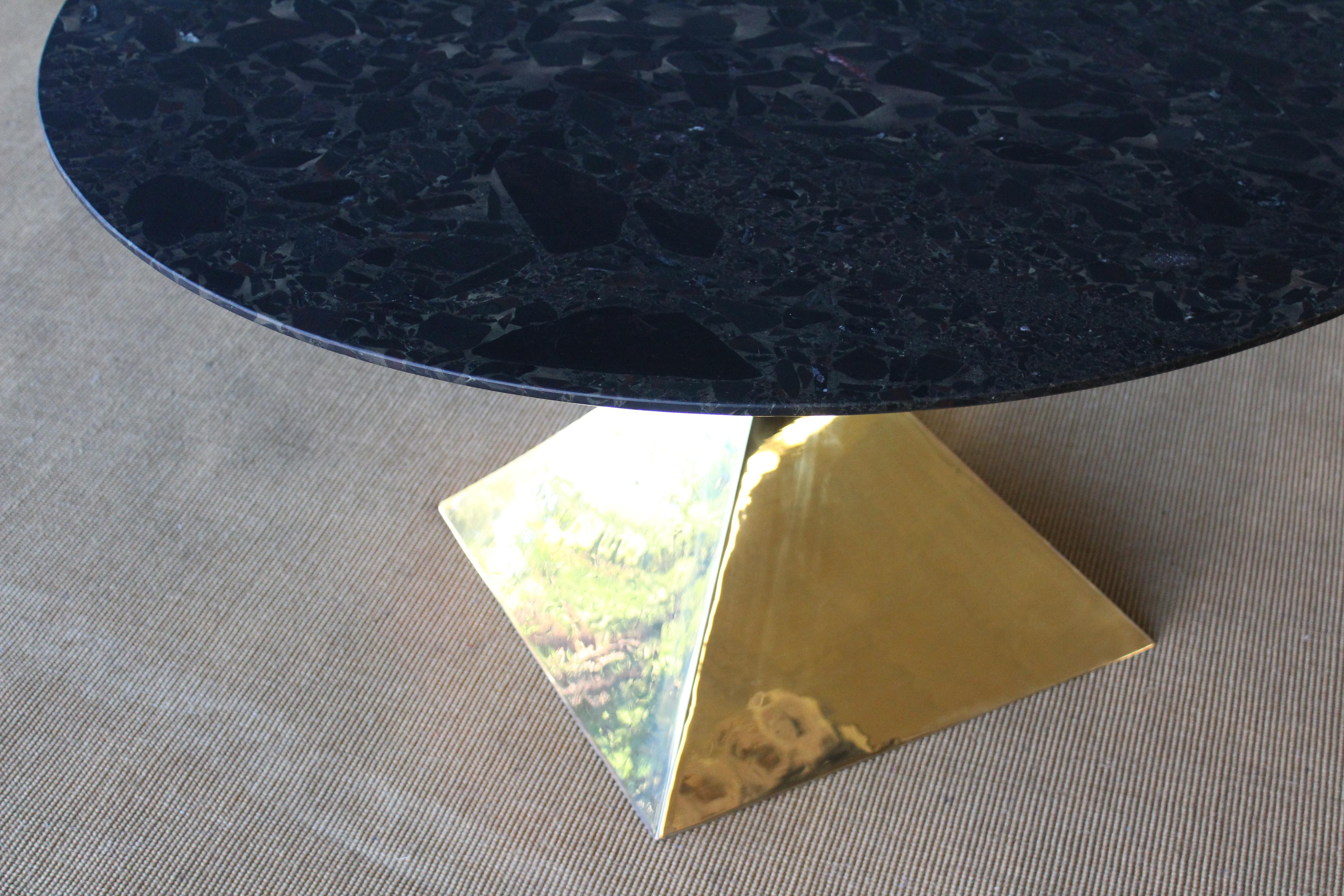 Contemporary Custom Dining Table with Brass Plated Base and Stone Top