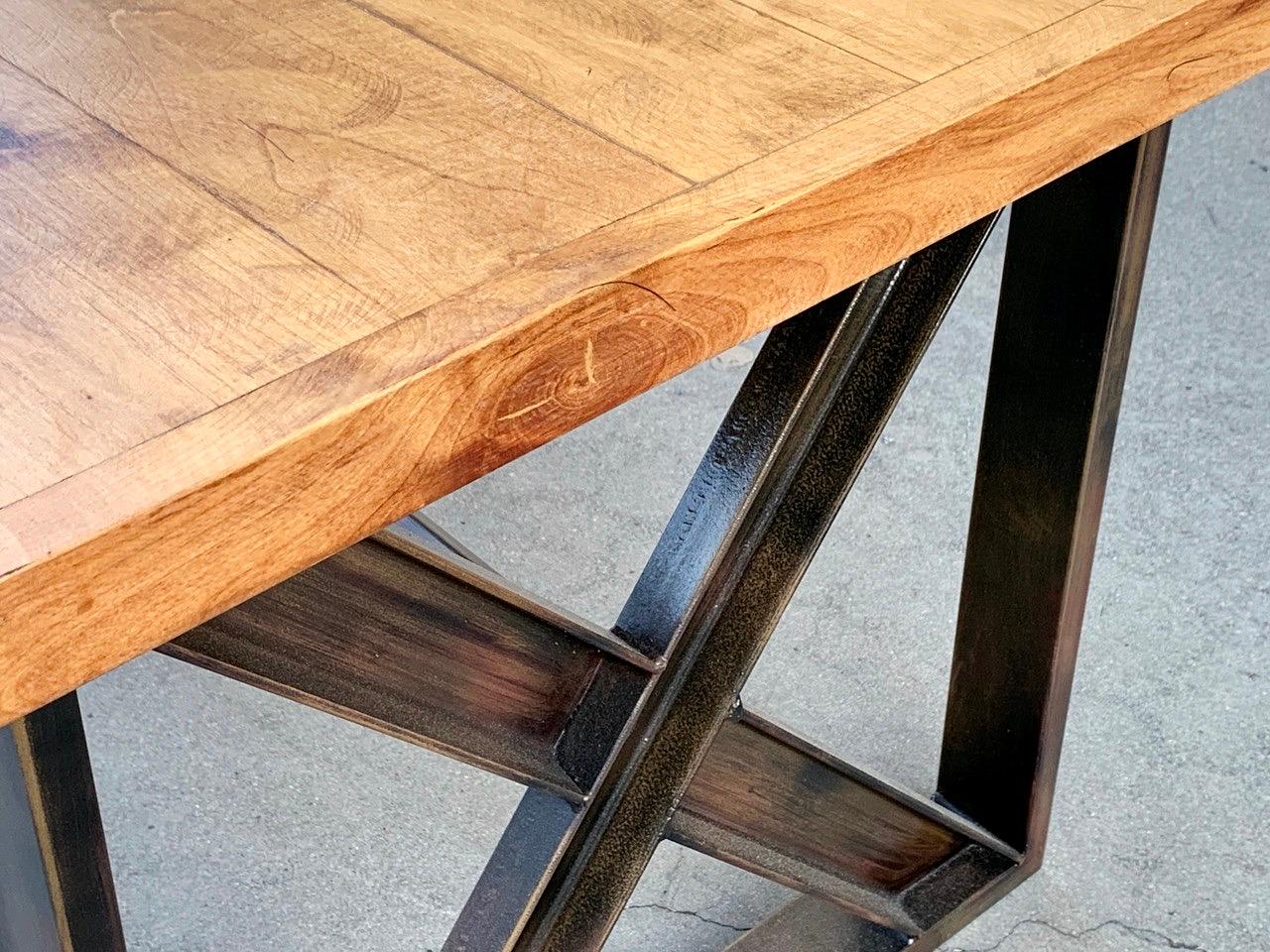 American Custom Dining Table with Burnt Golden Patina and Reclaimed Plank Wood For Sale
