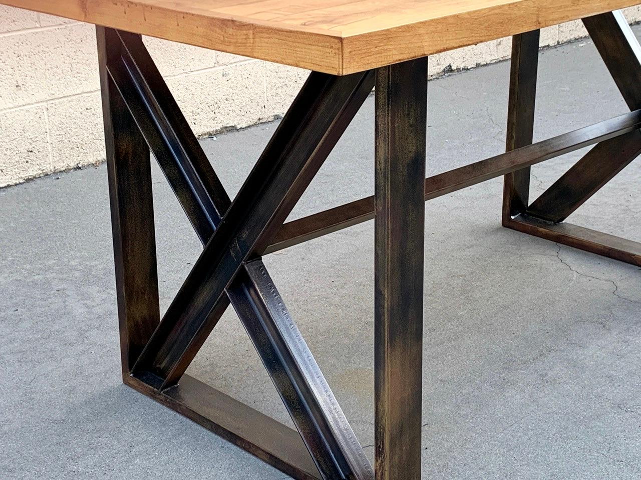 Custom Dining Table with Burnt Golden Patina and Reclaimed Plank Wood In Excellent Condition For Sale In Alhambra, CA