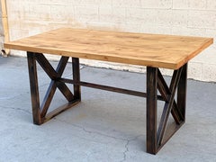 Custom Dining Table with Burnt Golden Patina and Reclaimed Plank Wood Top